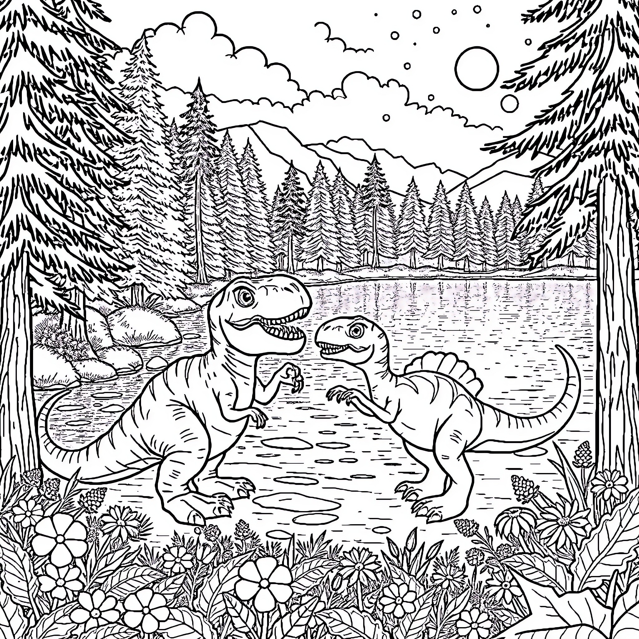 Dinosaurs playing in a serene forest scene Coloring Page (free black-and-white line drawing printable PDF for all, from beginners to advanced learners, including children, teens, adults, and seniors)
