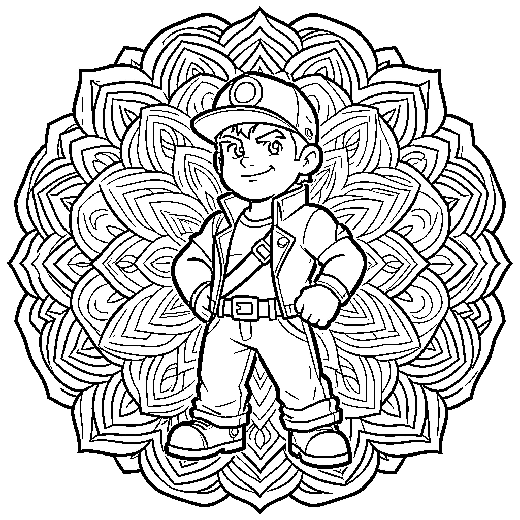 Colt posing confidently against a decorative mandala pattern Coloring Page (free black-and-white line drawing printable PDF for all, from beginners to advanced learners, including children, teens, adults, and seniors)