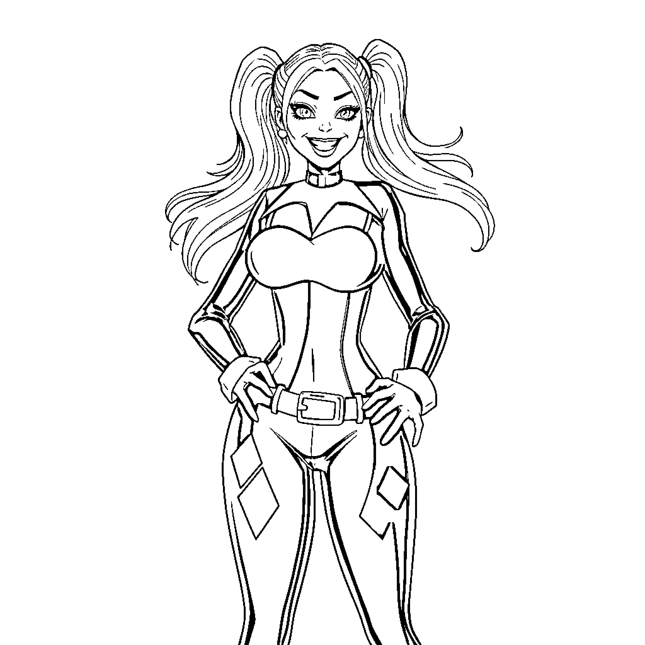 Harley Quinn in an Heroic Pose Coloring Page (free black-and-white line drawing printable PDF for all, from beginners to advanced learners, including children, teens, adults, and seniors)