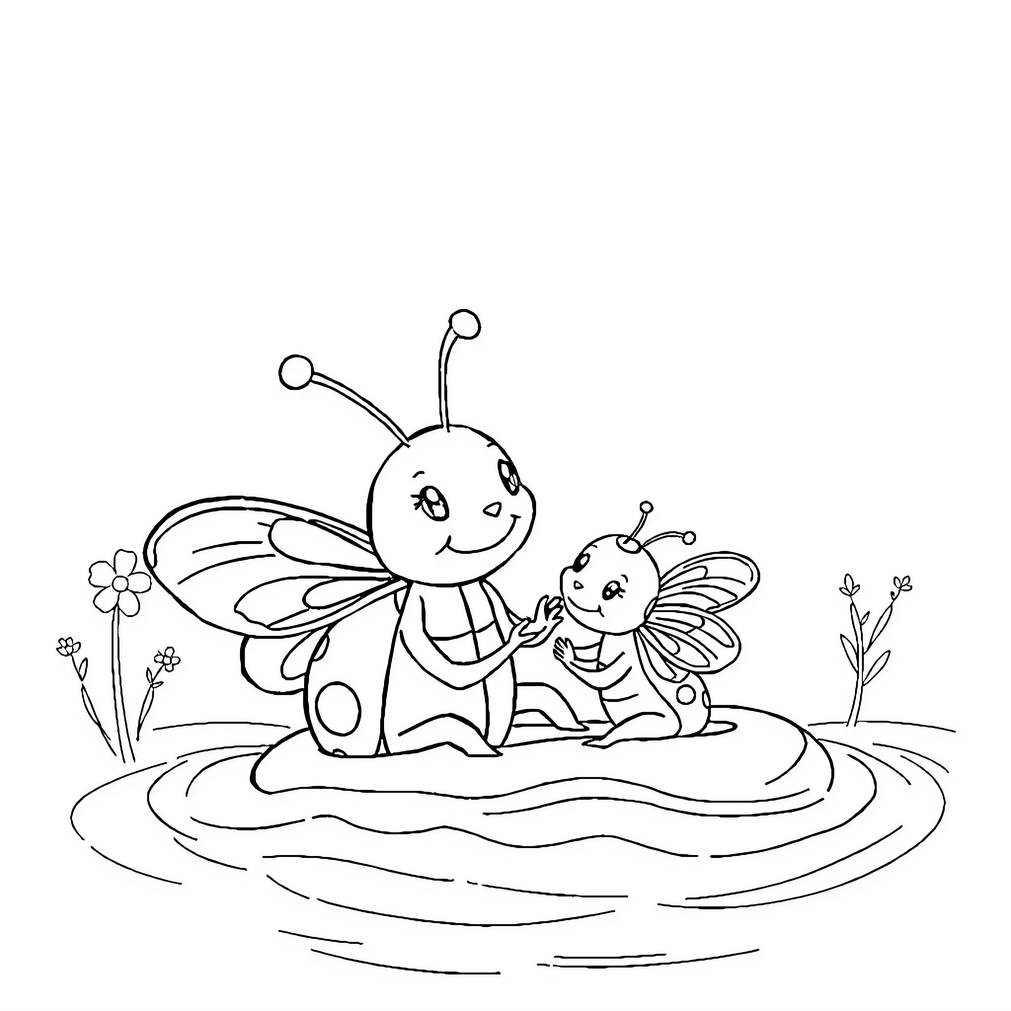 Ladybug friends exploring the garden Coloring Page (free black-and-white line drawing printable PDF for all, from beginners to advanced learners, including children, teens, adults, and seniors)