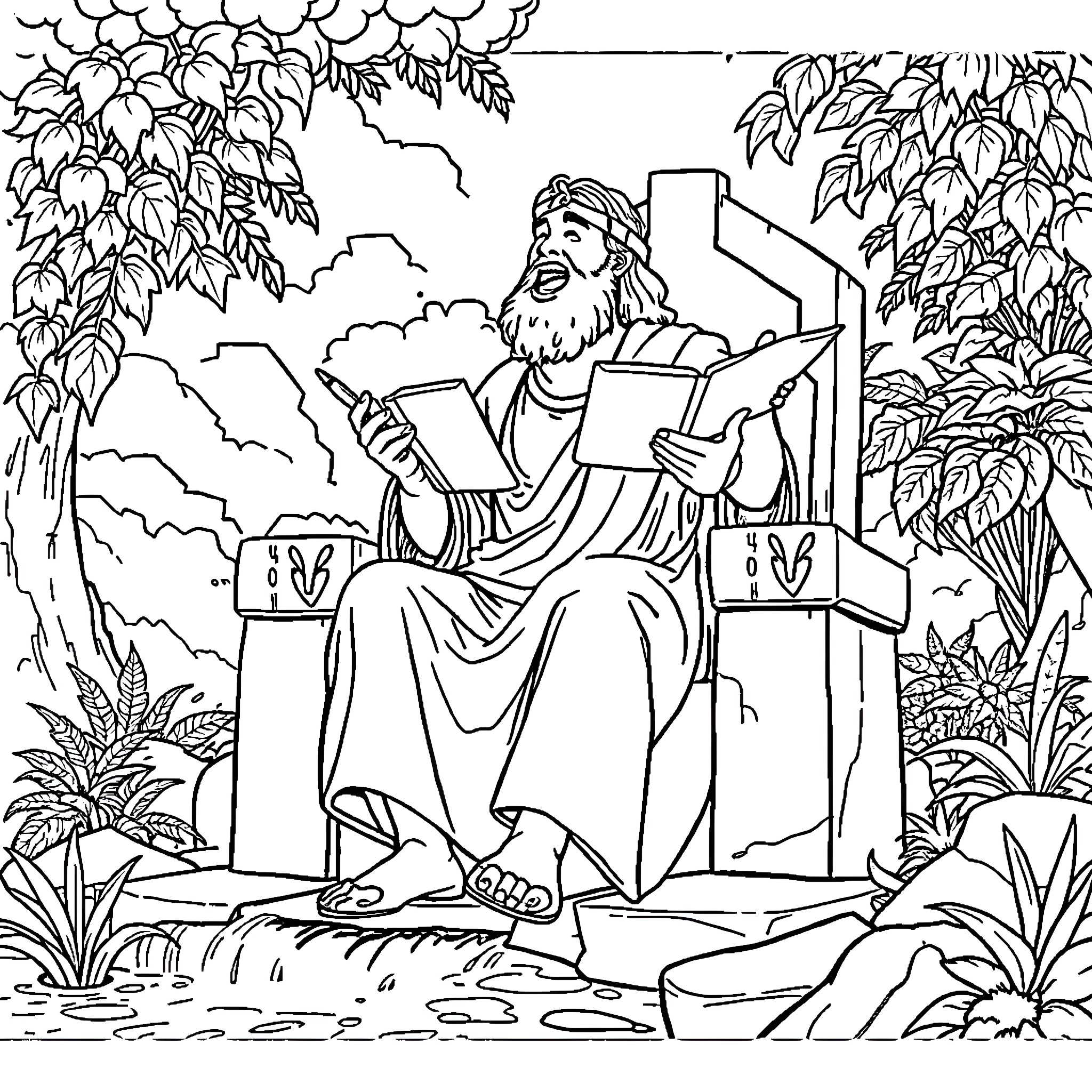 David reading from a book in a serene outdoor setting Coloring Page (free black-and-white line drawing printable PDF for all, from beginners to advanced learners, including children, teens, adults, and seniors)