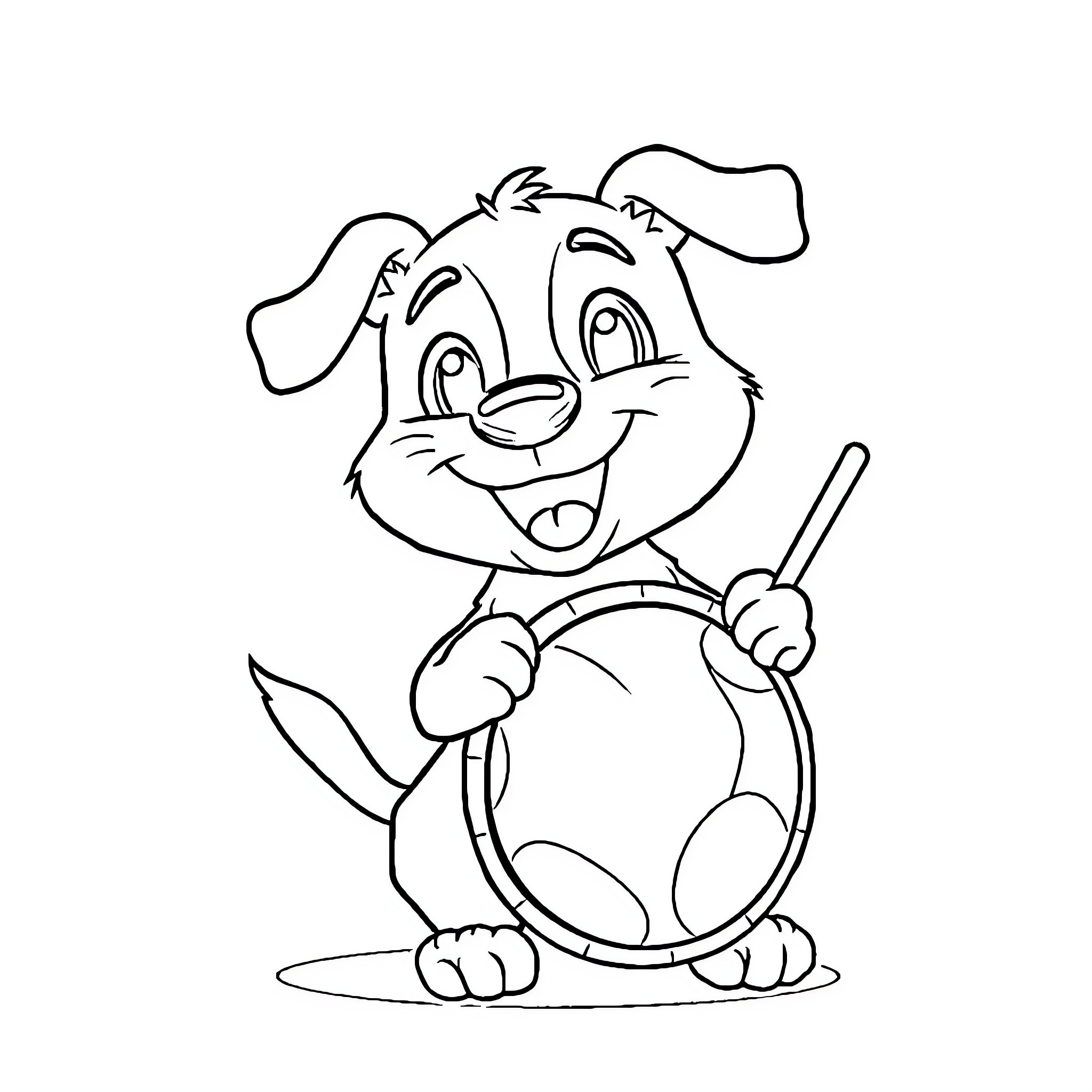 Dog playing happily with tambourine Coloring Page (free black-and-white line drawing printable PDF for all, from beginners to advanced learners, including children, teens, adults, and seniors)