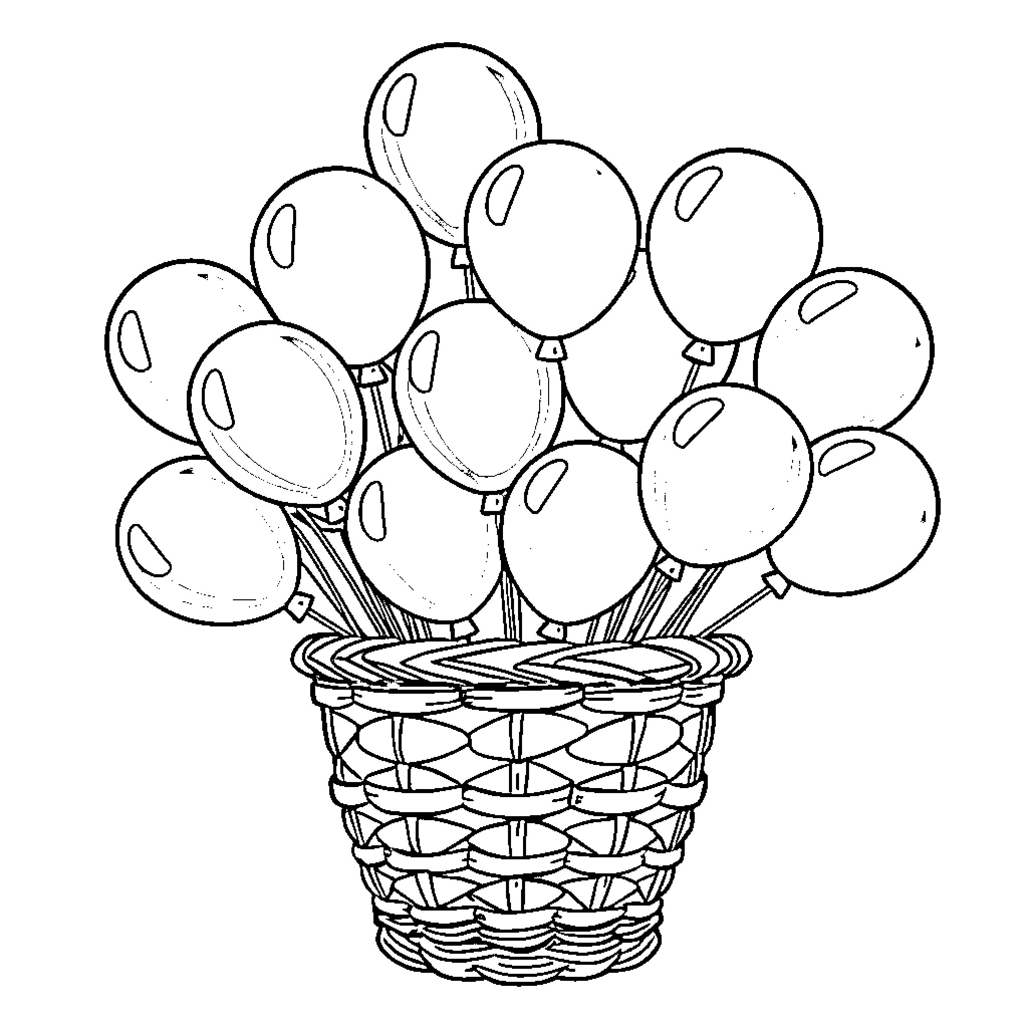 Balloon Bouquet in Woven Basket Coloring Page (free black-and-white line drawing printable PDF for all, from beginners to advanced learners, including children, teens, adults, and seniors)