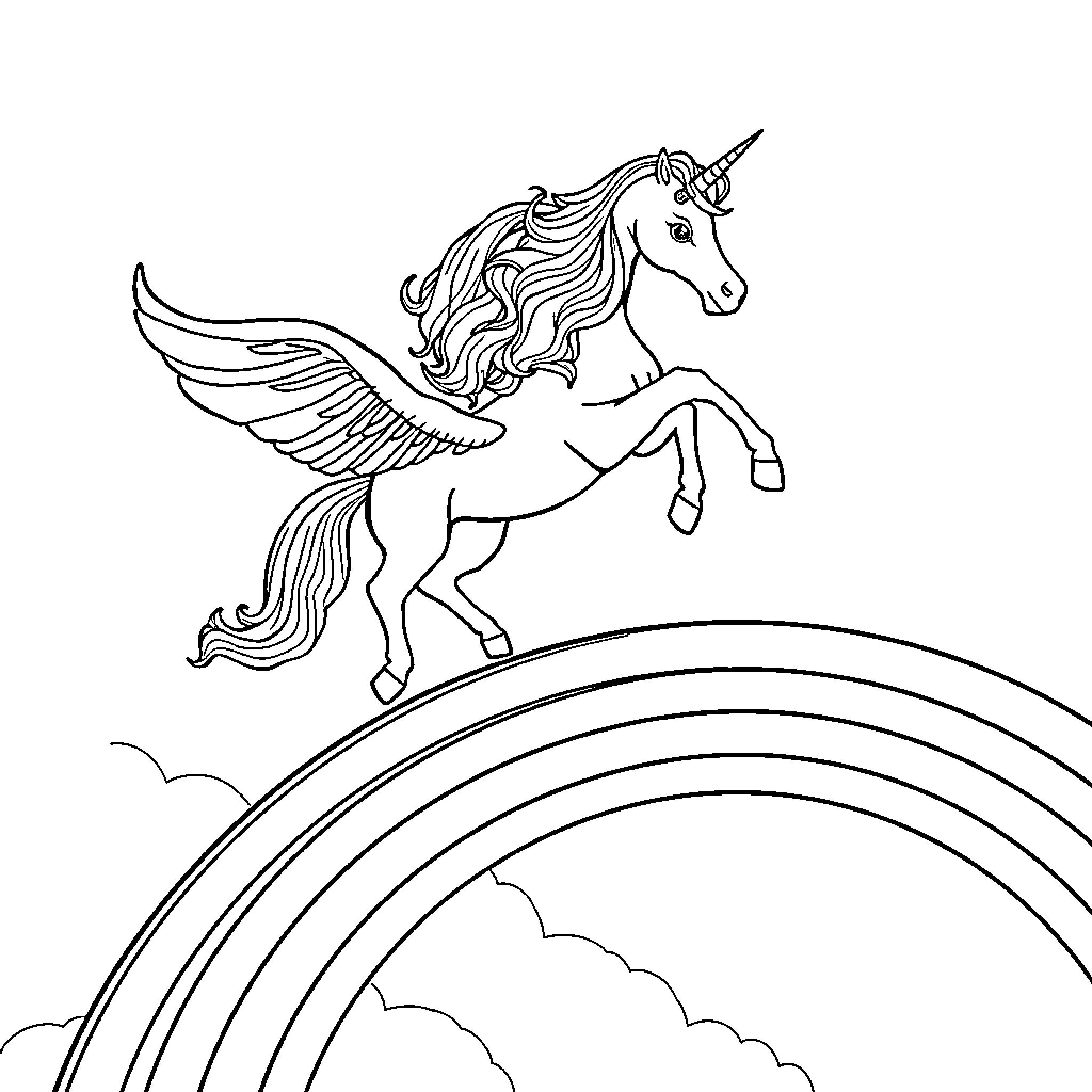 Unicorn Soaring Above Colorful Rainbow Coloring Page (free black-and-white line drawing printable PDF for all, from beginners to advanced learners, including children, teens, adults, and seniors)
