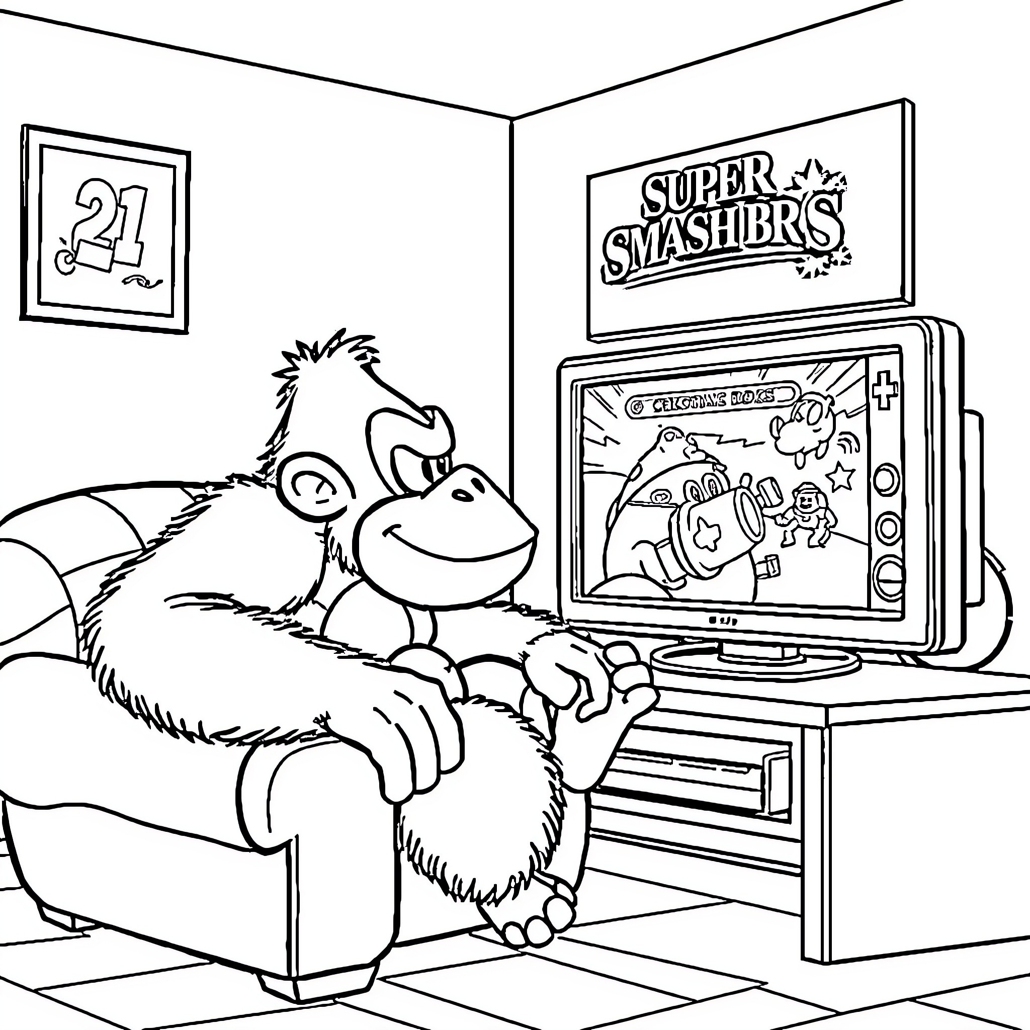 Donkey Kong playing Super Smashers video game at home Coloring Page (free black-and-white line drawing printable PDF for all, from beginners to advanced learners, including children, teens, adults, and seniors)