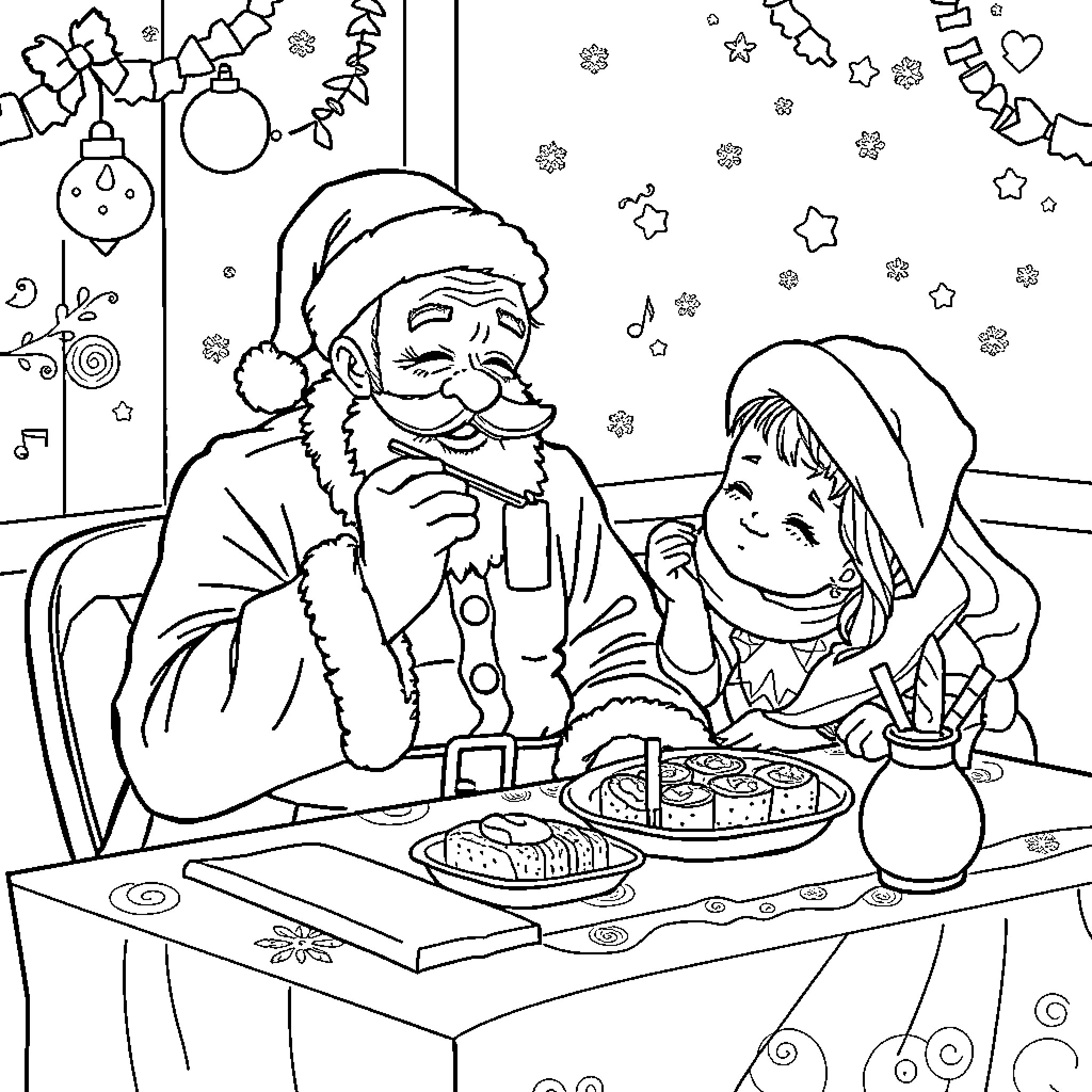Pai Natal enjoying a festive meal with a child Coloring Page (free black-and-white line drawing printable PDF for all, from beginners to advanced learners, including children, teens, adults, and seniors)