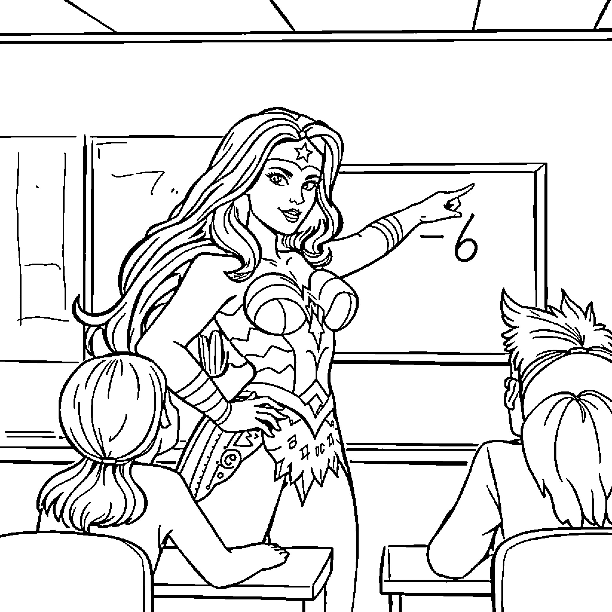 Wonder Woman Heroine Teaches Students in Classroom Coloring Page (free black-and-white line drawing printable PDF for all, from beginners to advanced learners, including children, teens, adults, and seniors)