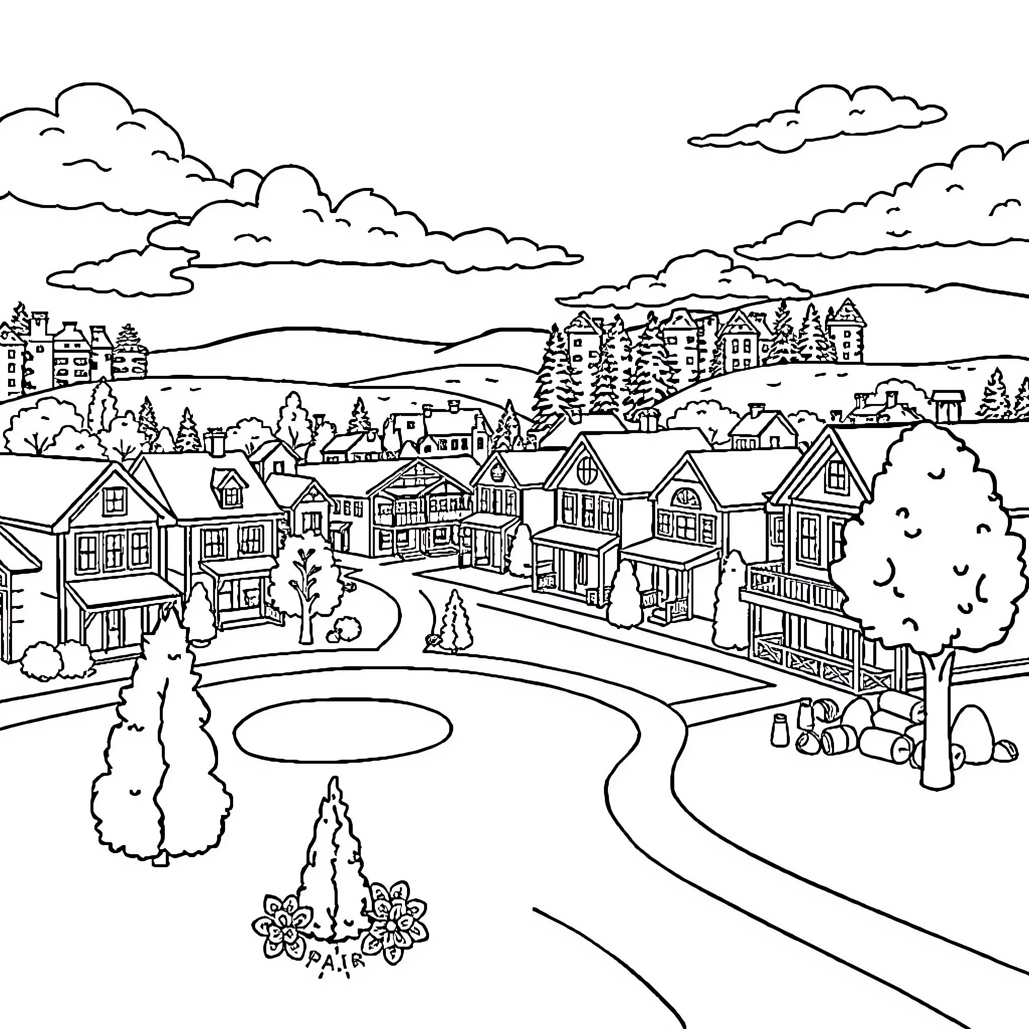 Campbellsville town scene with houses, streets, and landscapes Coloring Page (free black-and-white line drawing printable PDF for all, from beginners to advanced learners, including children, teens, adults, and seniors)