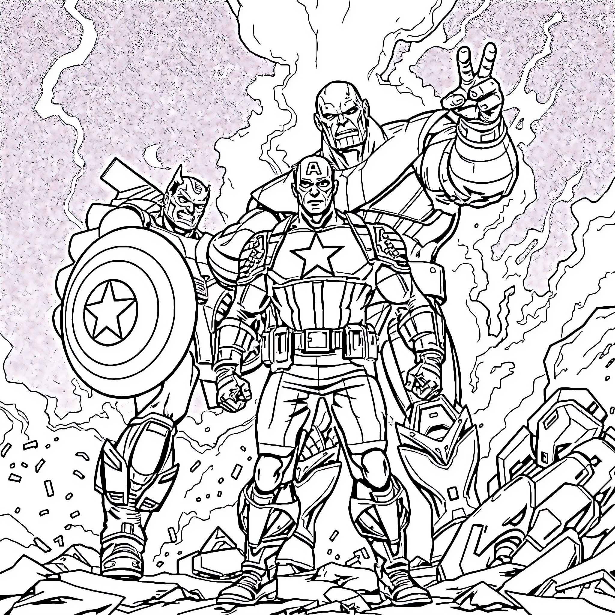 Captain America Leads the Avengers into Battle Coloring Page (free black-and-white line drawing printable PDF for all, from beginners to advanced learners, including children, teens, adults, and seniors)