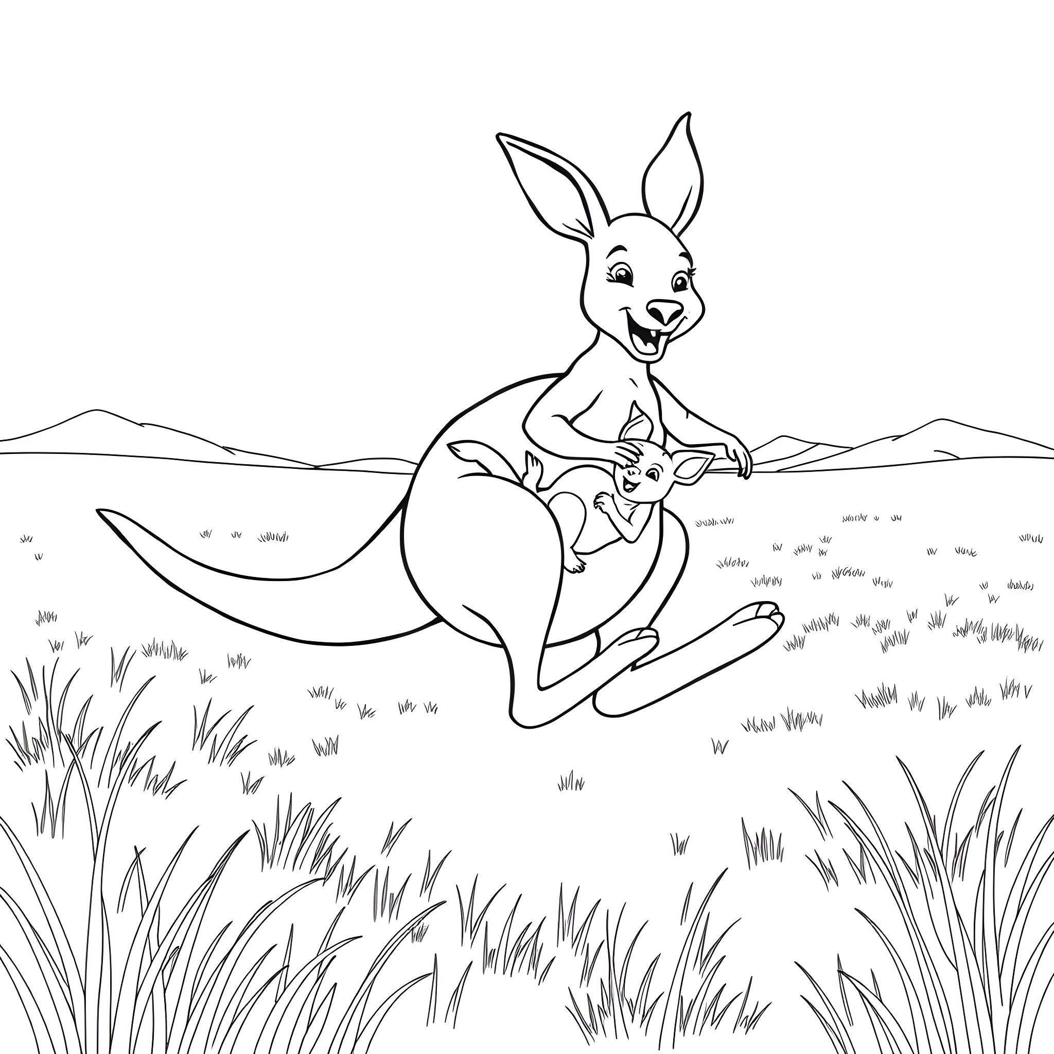 Kangaroo hopping joyfully in the grassy meadow Coloring Page (free black-and-white line drawing printable PDF for all, from beginners to advanced learners, including children, teens, adults, and seniors)
