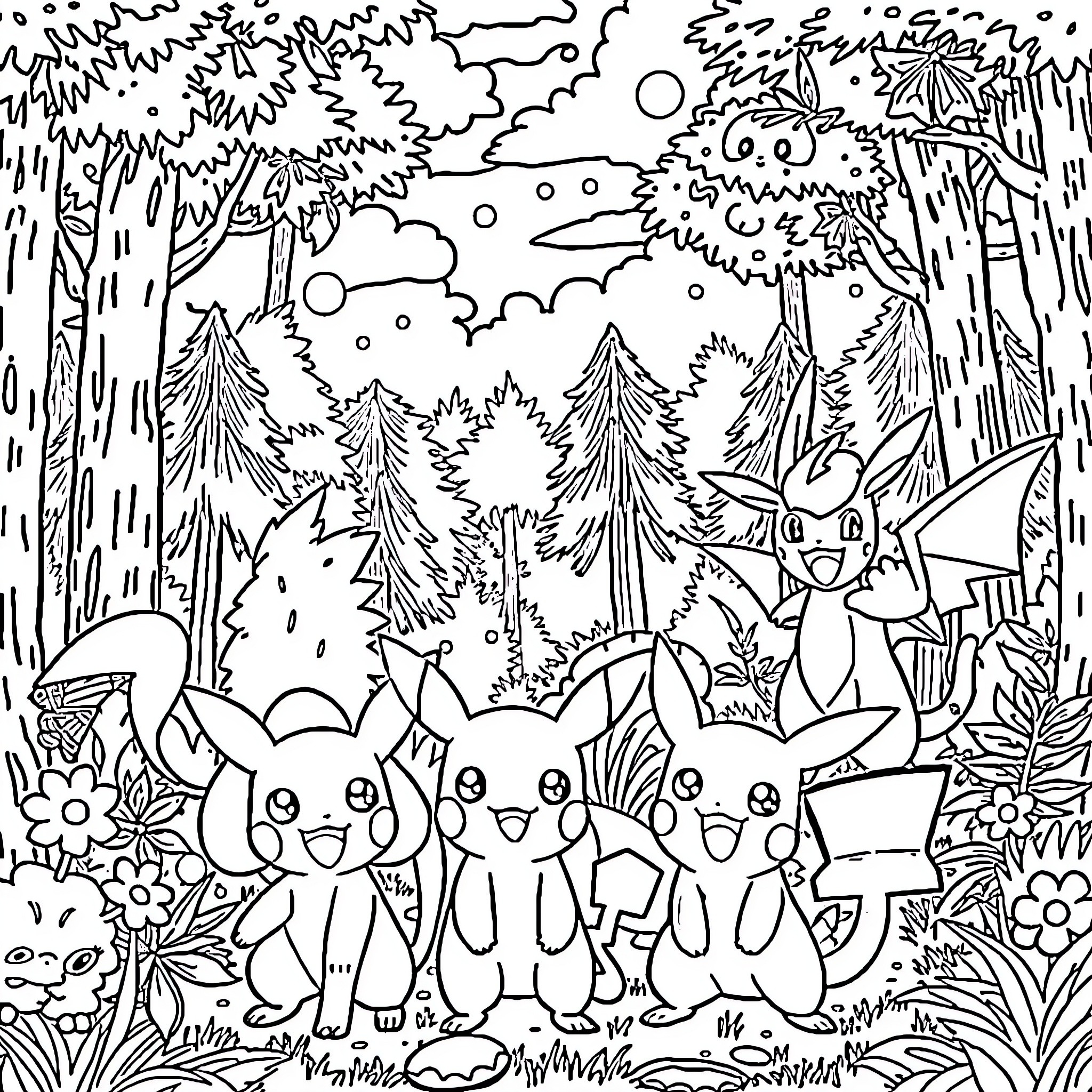 Pokémon characters exploring the forest Coloring Page (free black-and-white line drawing printable PDF for all, from beginners to advanced learners, including children, teens, adults, and seniors)