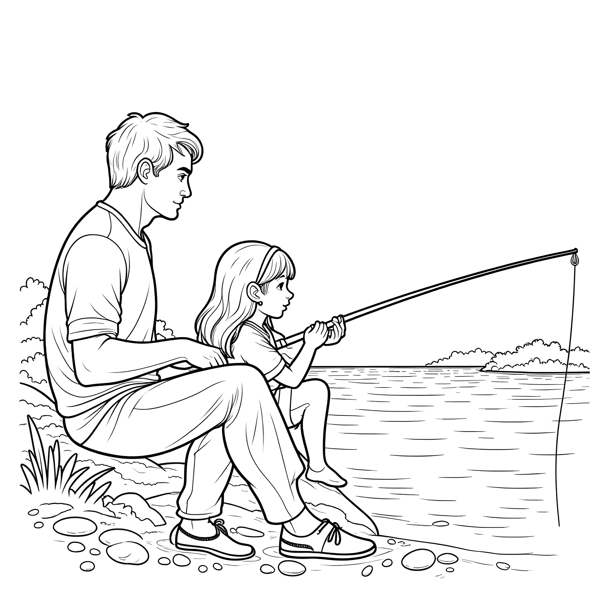 Dad and child fishing by the lakeside Coloring Page (free black-and-white line drawing printable PDF for all, from beginners to advanced learners, including children, teens, adults, and seniors)