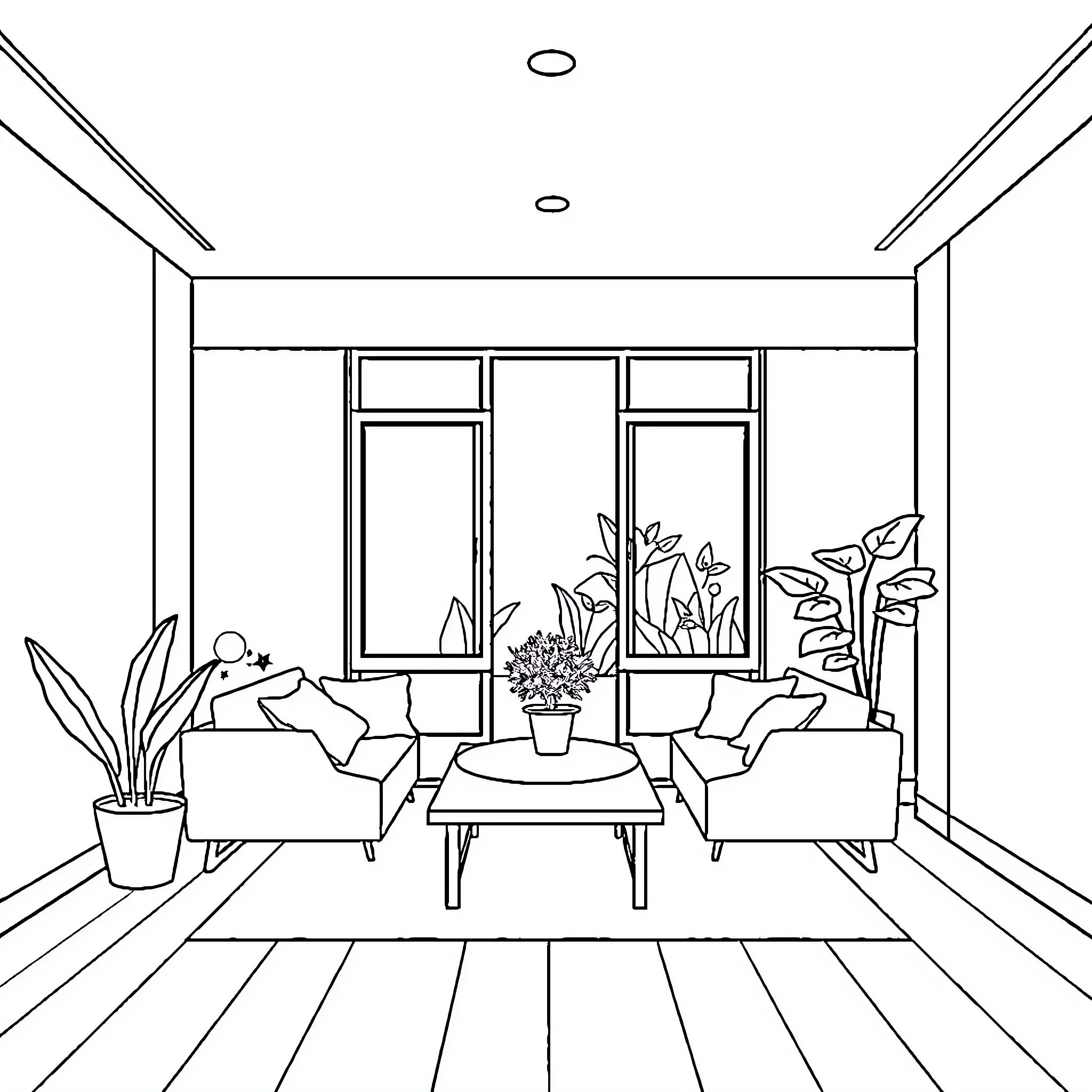 House with cozy interior and plants Coloring Page (free black-and-white line drawing printable PDF for all, from beginners to advanced learners, including children, teens, adults, and seniors)