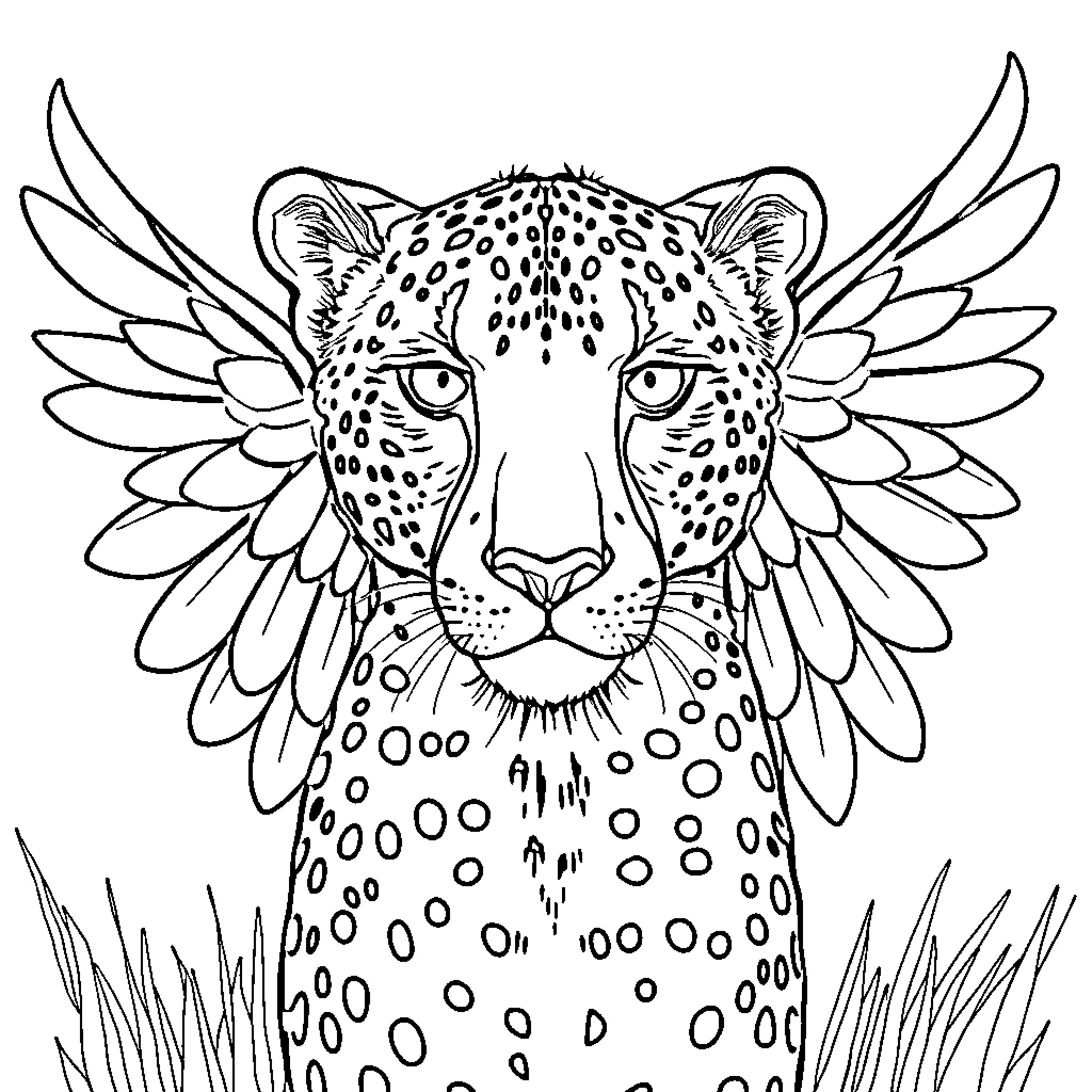 Cheetah with majestic wings in natural habitat Coloring Page (free black-and-white line drawing printable PDF for all, from beginners to advanced learners, including children, teens, adults, and seniors)