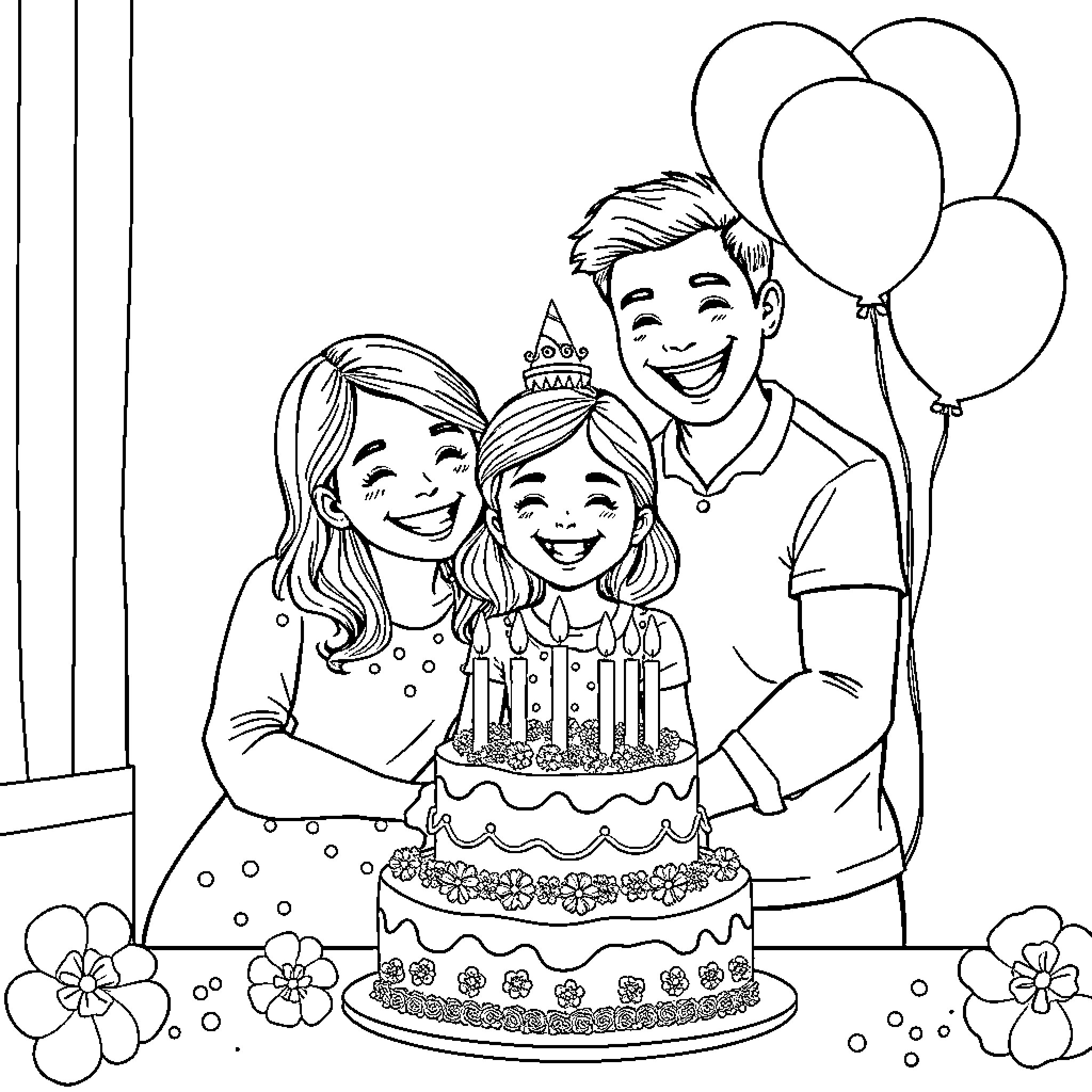 Birthday celebration with family and balloons Coloring Page (free black-and-white line drawing printable PDF for all, from beginners to advanced learners, including children, teens, adults, and seniors)