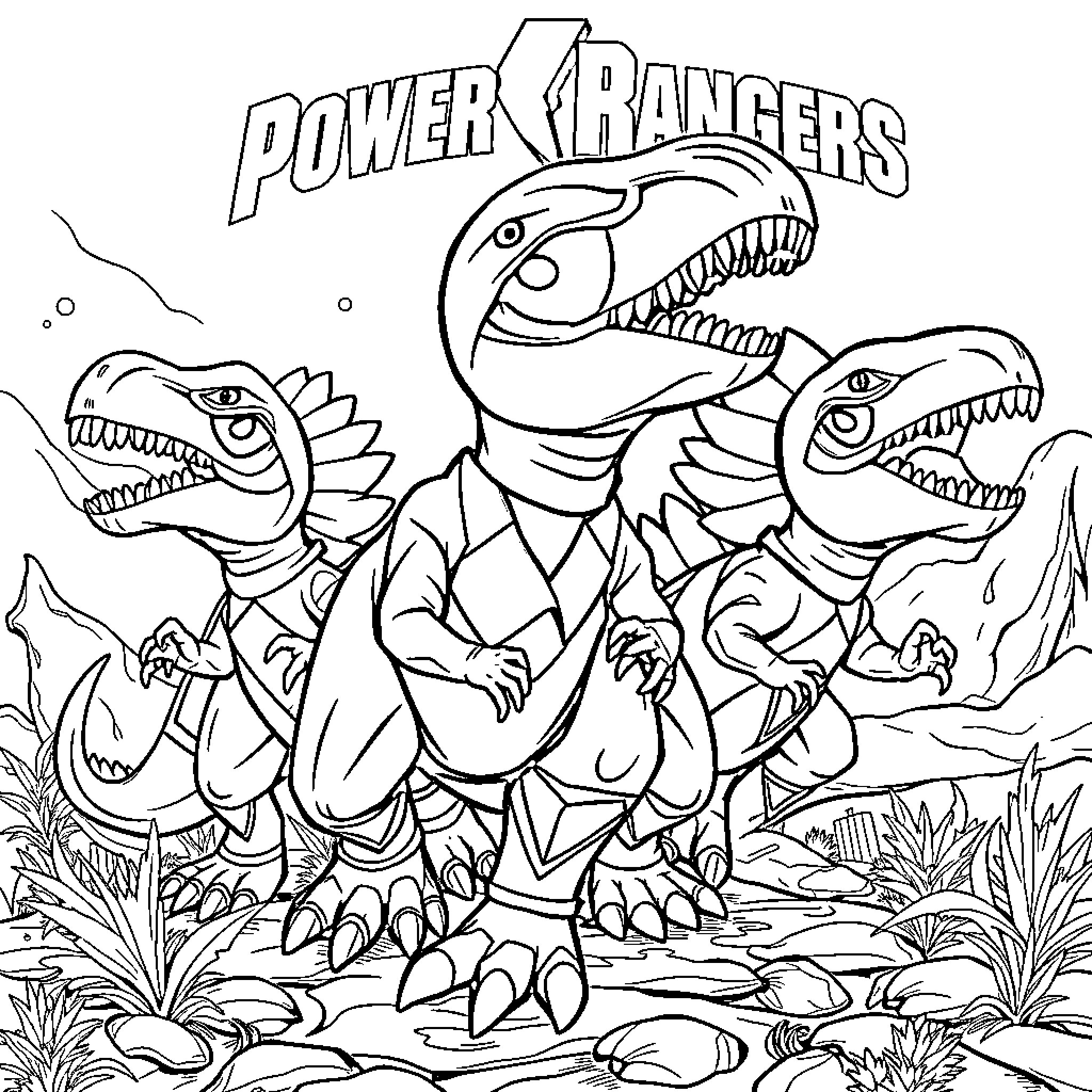 Dinosaur Power Rangers in action pose Coloring Page (free black-and-white line drawing printable PDF for all, from beginners to advanced learners, including children, teens, adults, and seniors)