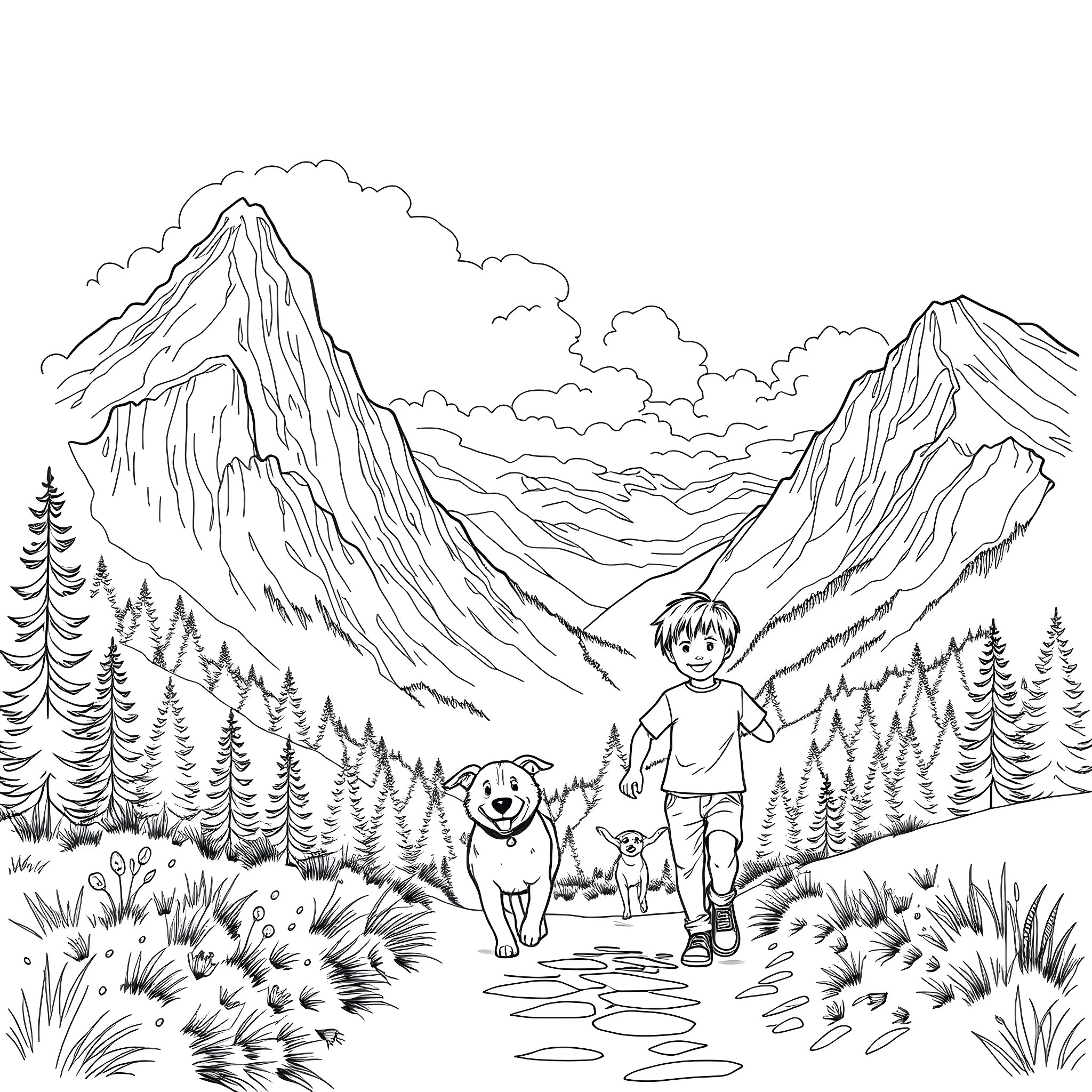 Boy and his dog exploring the mountains Coloring Page (free black-and-white line drawing printable PDF for all, from beginners to advanced learners, including children, teens, adults, and seniors)