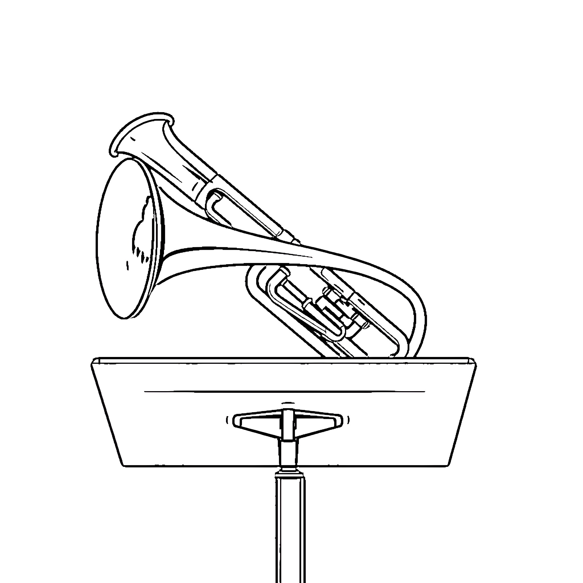 Trombone played on musical stage Coloring Page (free black-and-white line drawing printable PDF for all, from beginners to advanced learners, including children, teens, adults, and seniors)