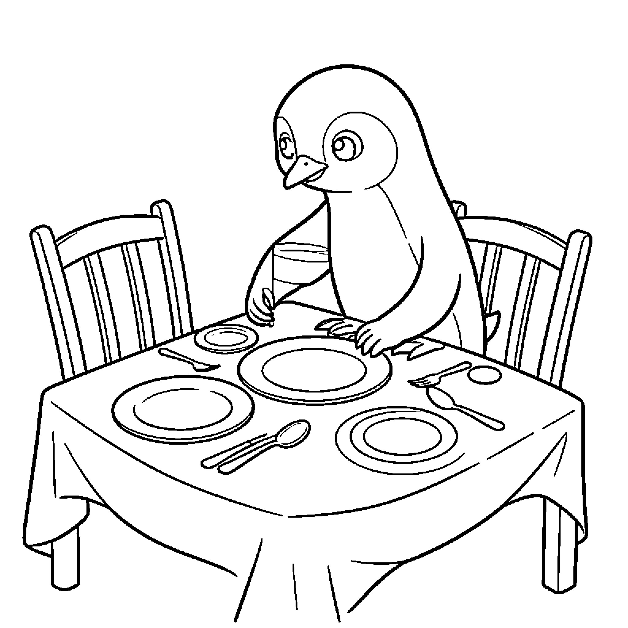 Penguin sitting at a dining table preparing for a meal Coloring Page (free black-and-white line drawing printable PDF for all, from beginners to advanced learners, including children, teens, adults, and seniors)