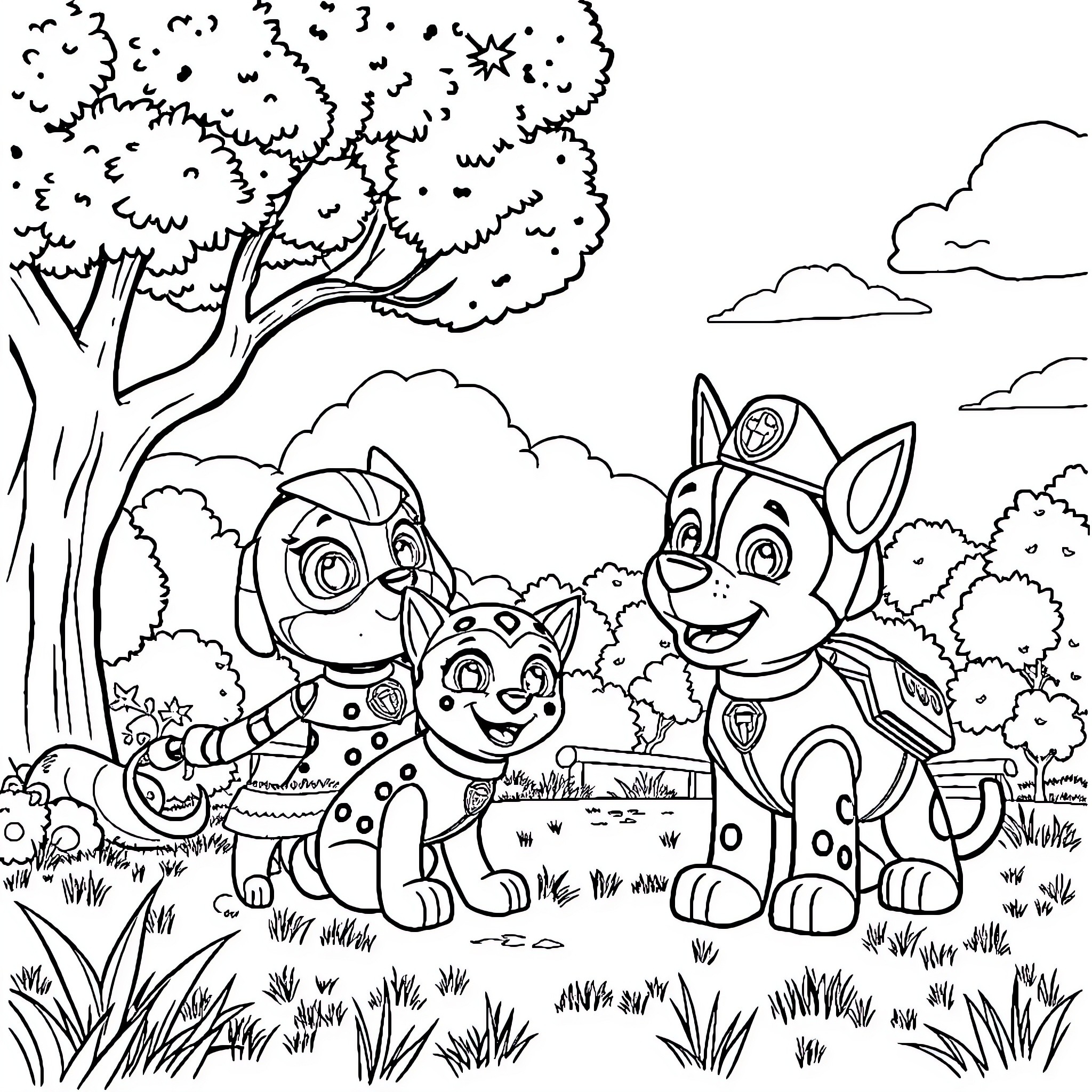 Ladybug friends playing in the forest Coloring Page (free black-and-white line drawing printable PDF for all, from beginners to advanced learners, including children, teens, adults, and seniors)