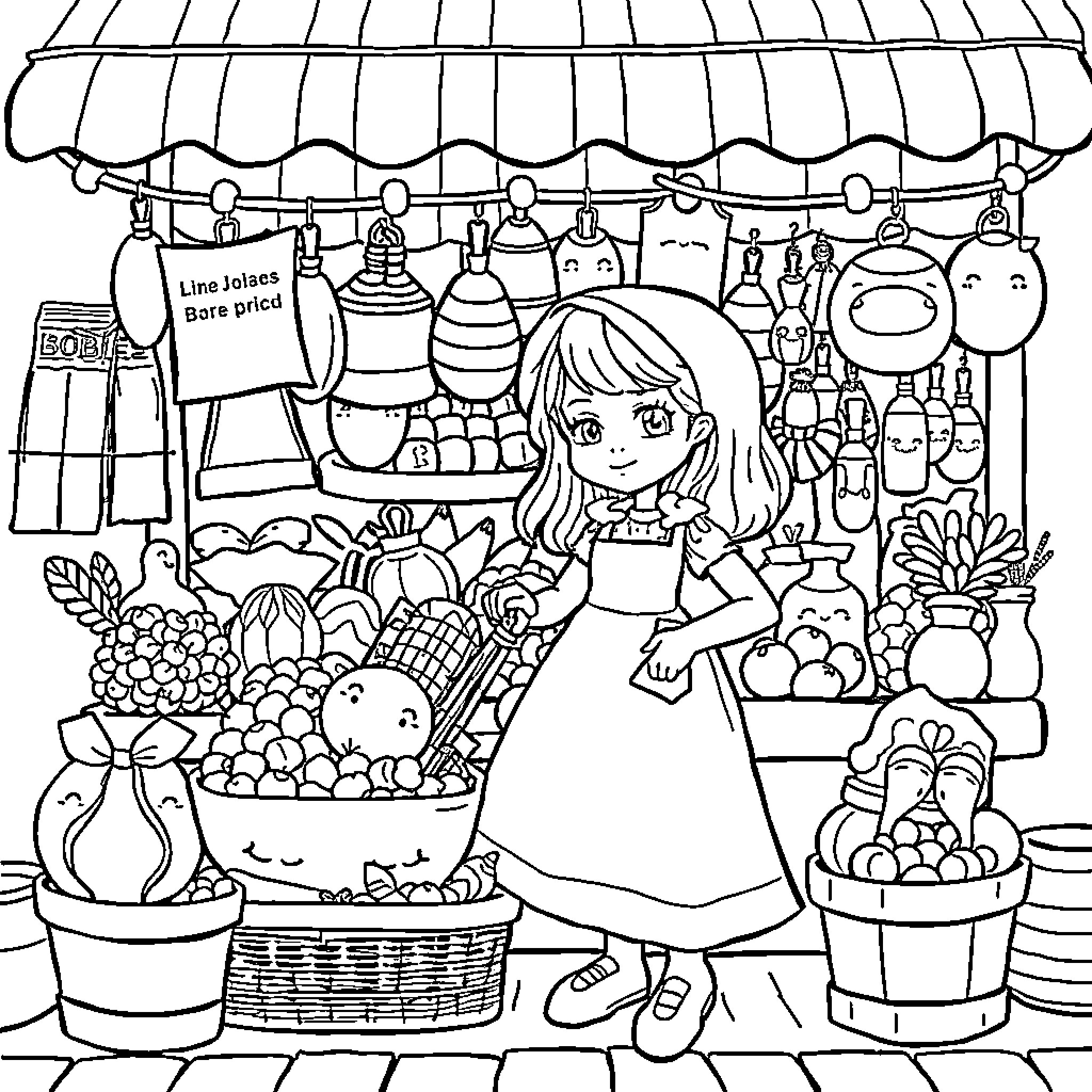 Bobie's Outdoor Market Adventure Coloring Page (free black-and-white line drawing printable PDF for all, from beginners to advanced learners, including children, teens, adults, and seniors)