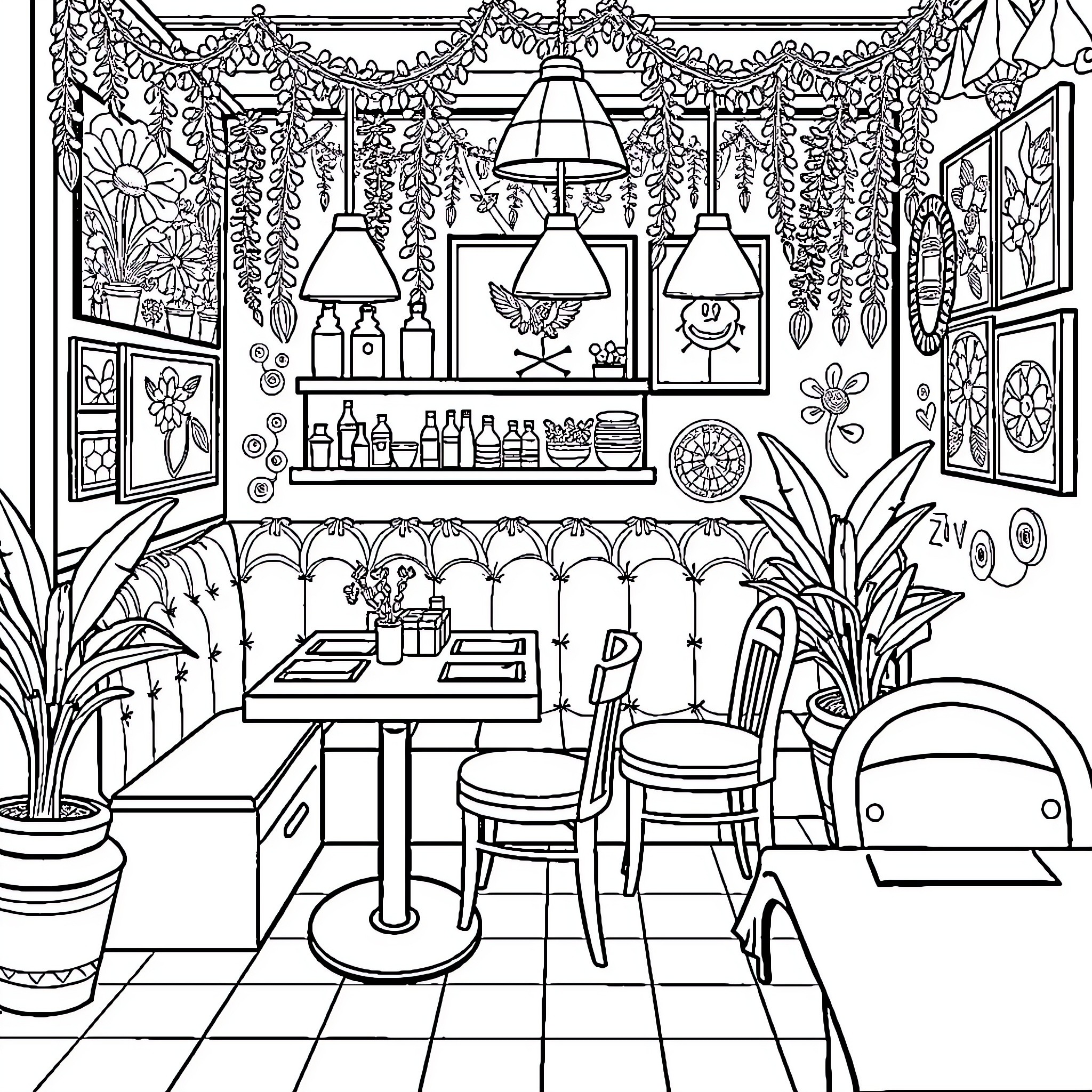 Restaurante com decoração floral e móveis aconchegantes Coloring Page (free black-and-white line drawing printable PDF for all, from beginners to advanced learners, including children, teens, adults, and seniors)