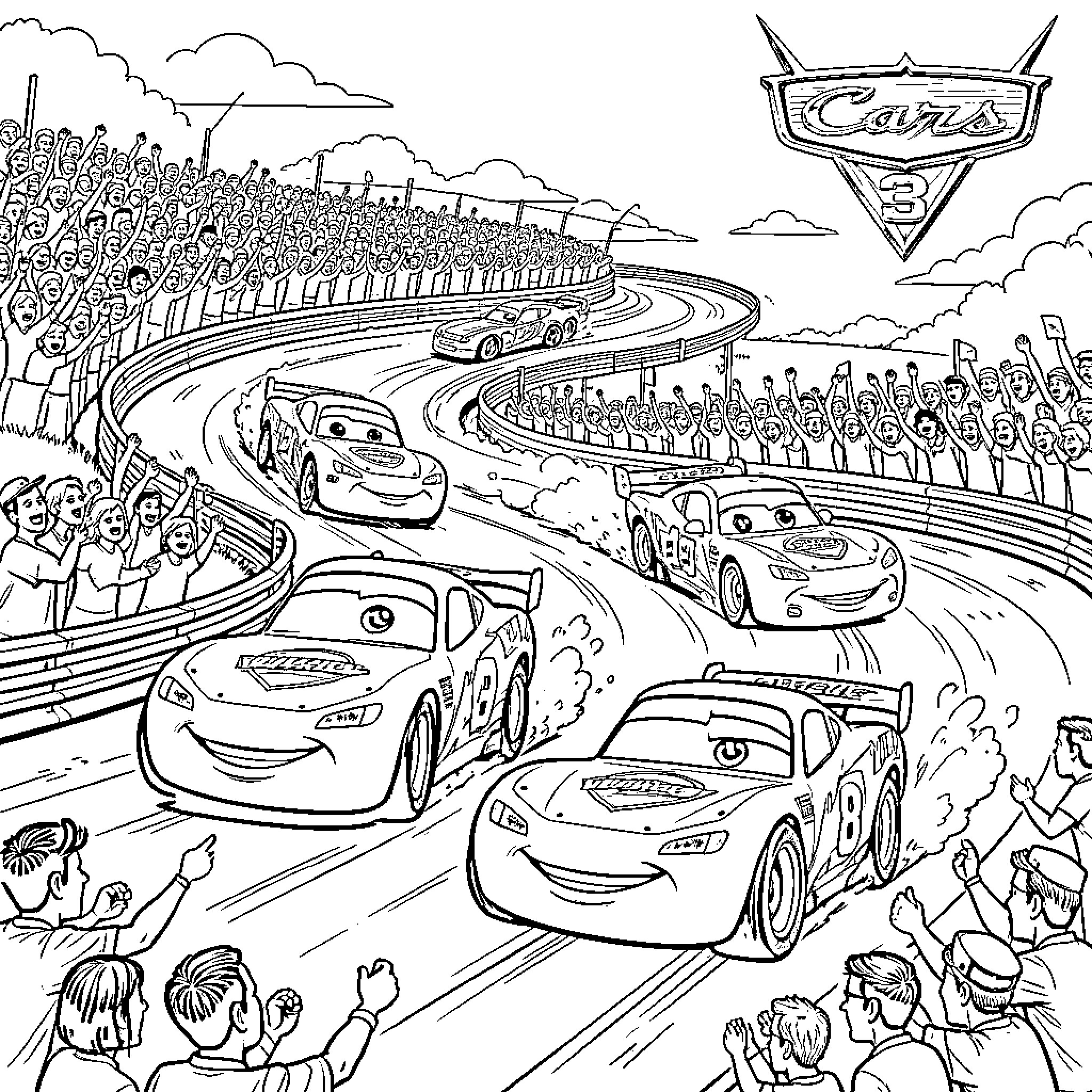 Cars racing fast past a cheering crowd Coloring Page (free black-and-white line drawing printable PDF for all, from beginners to advanced learners, including children, teens, adults, and seniors)