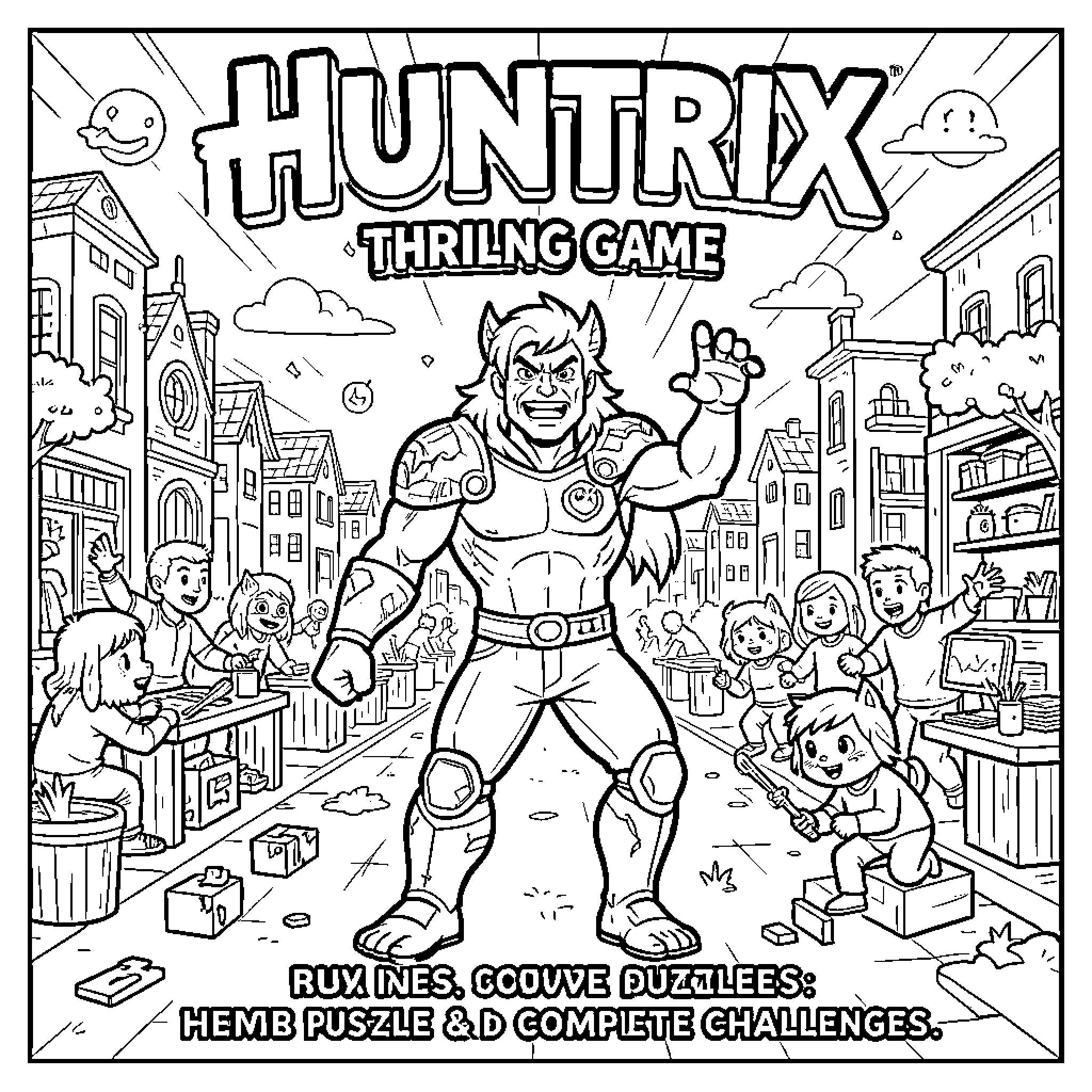 Huntrix hero standing heroically amidst a busy city street Coloring Page (free black-and-white line drawing printable PDF for all, from beginners to advanced learners, including children, teens, adults, and seniors)