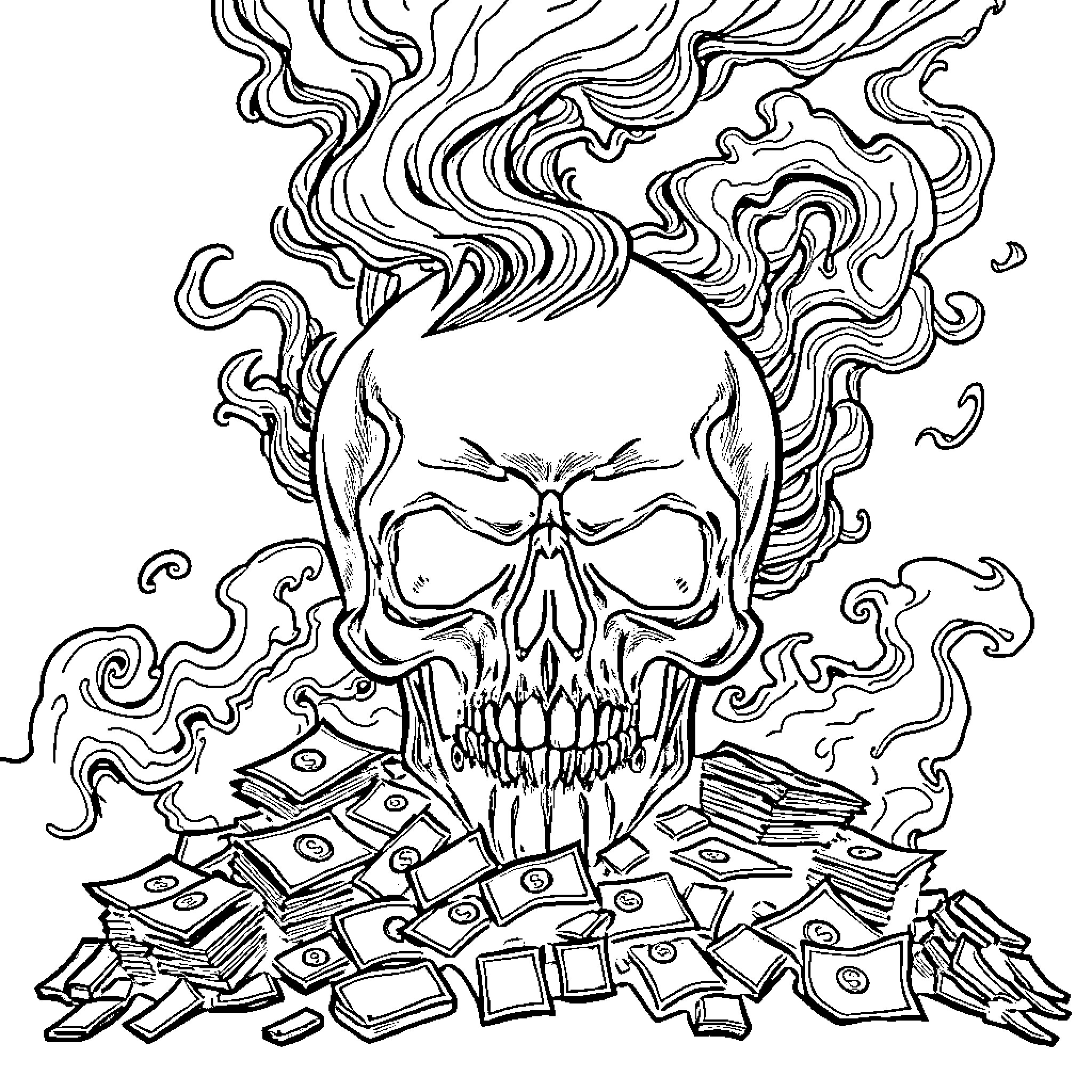 Skull Surrounded by Fiery Chaos and Cash Coloring Page (free black-and-white line drawing printable PDF for all, from beginners to advanced learners, including children, teens, adults, and seniors)