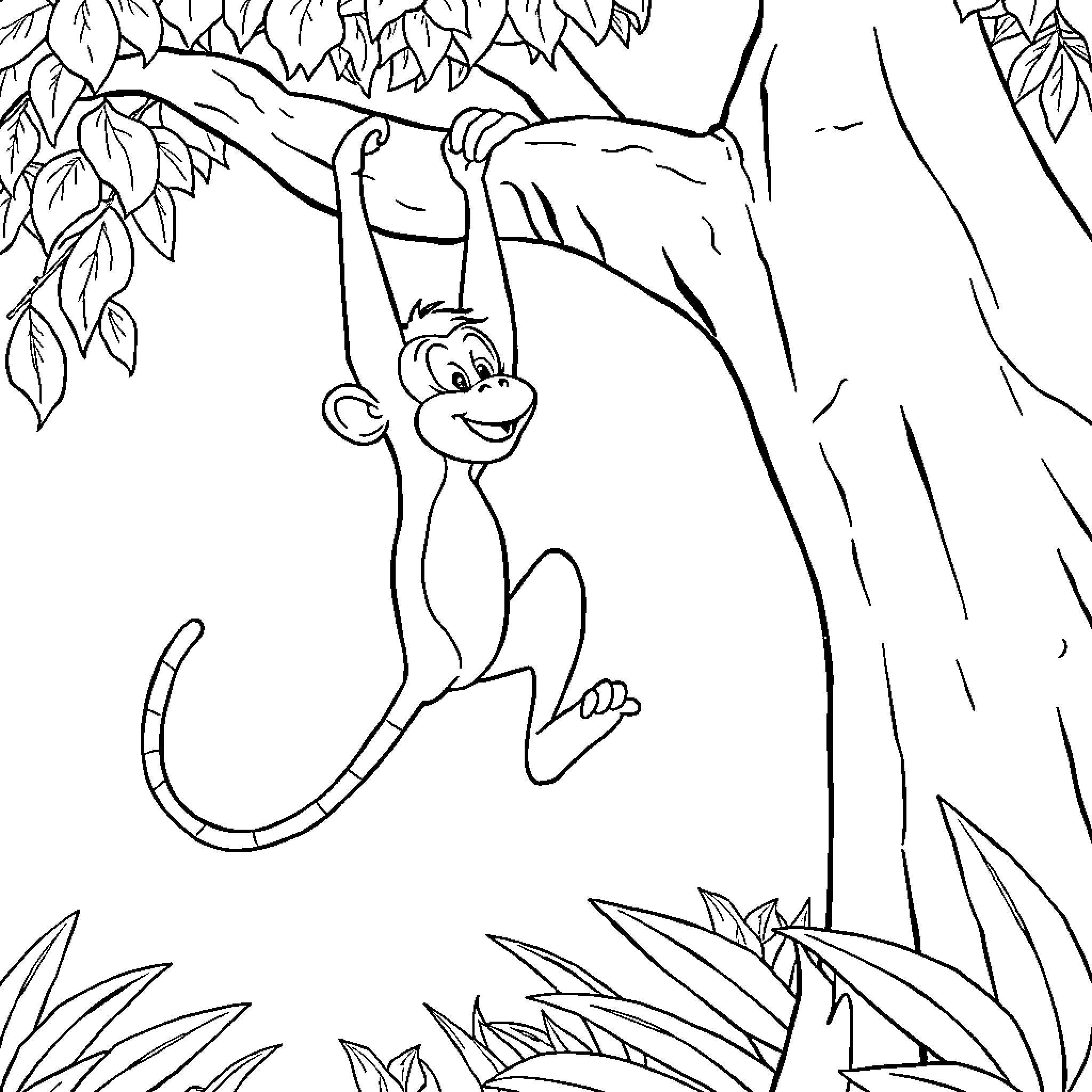 Monkey swinging joyfully in the jungle Coloring Page (free black-and-white line drawing printable PDF for all, from beginners to advanced learners, including children, teens, adults, and seniors)