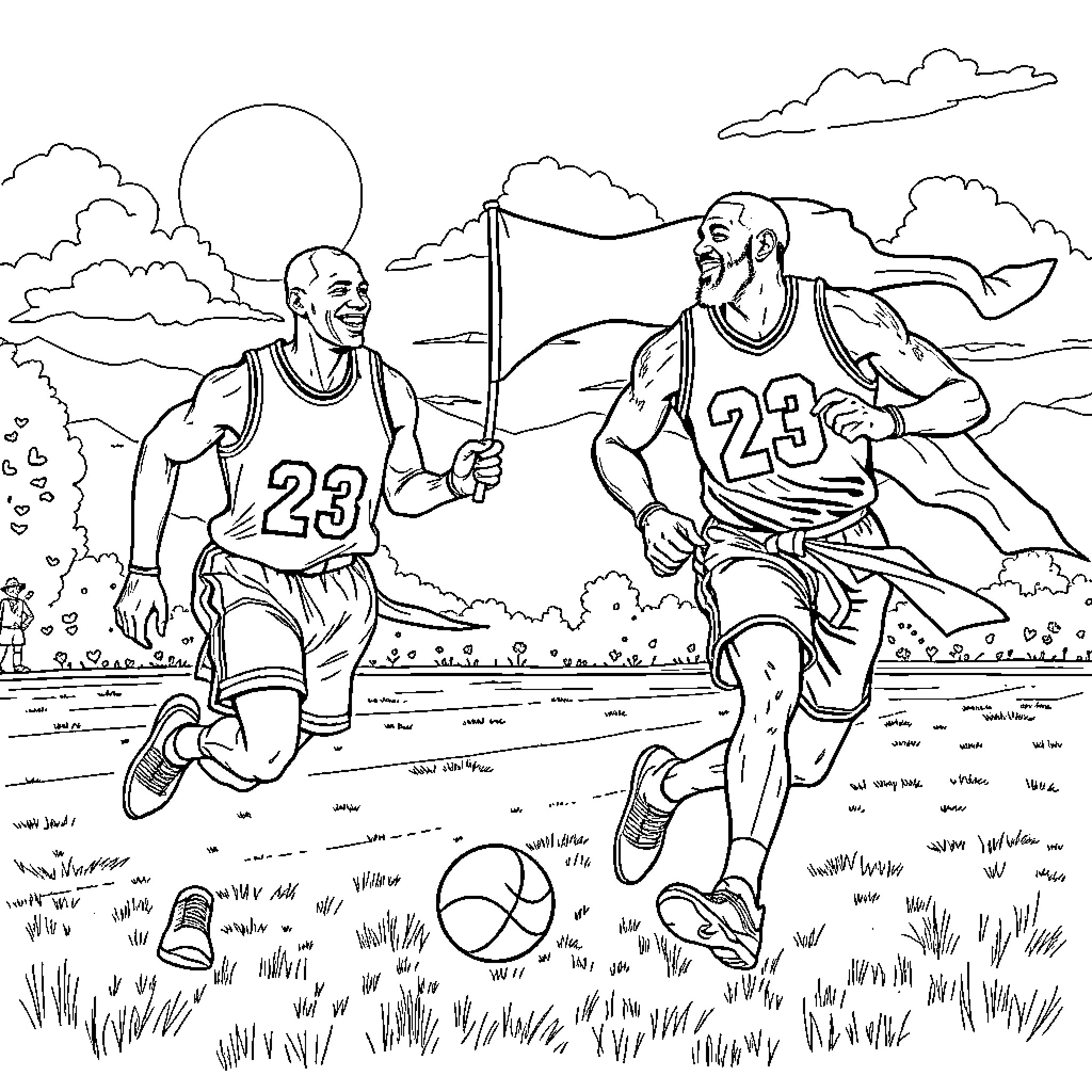 Michael Jordan and team playing basketball outdoors Coloring Page (free black-and-white line drawing printable PDF for all, from beginners to advanced learners, including children, teens, adults, and seniors)