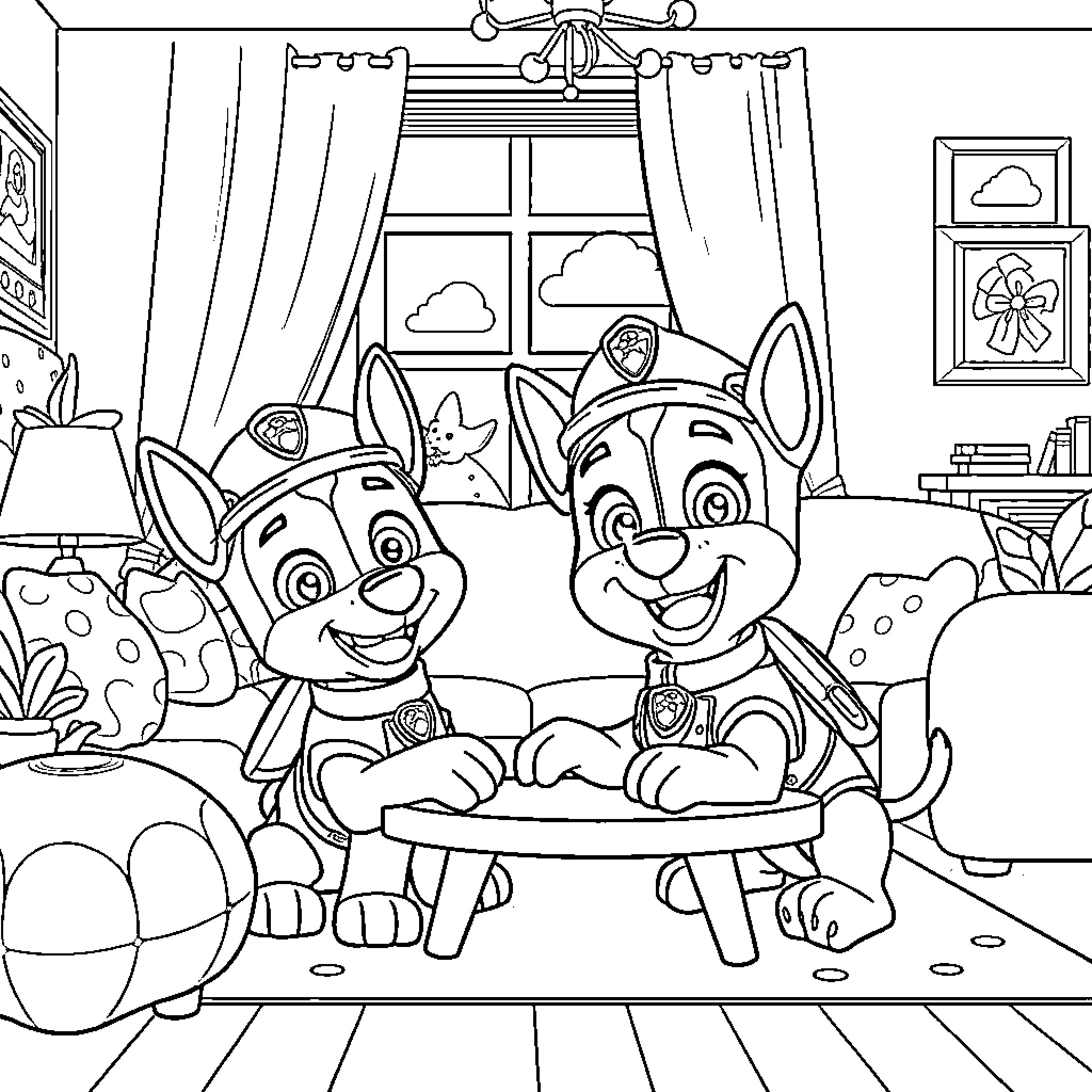 Bluey and Bingo enjoying a cozy indoor scene Coloring Page (free black-and-white line drawing printable PDF for all, from beginners to advanced learners, including children, teens, adults, and seniors)