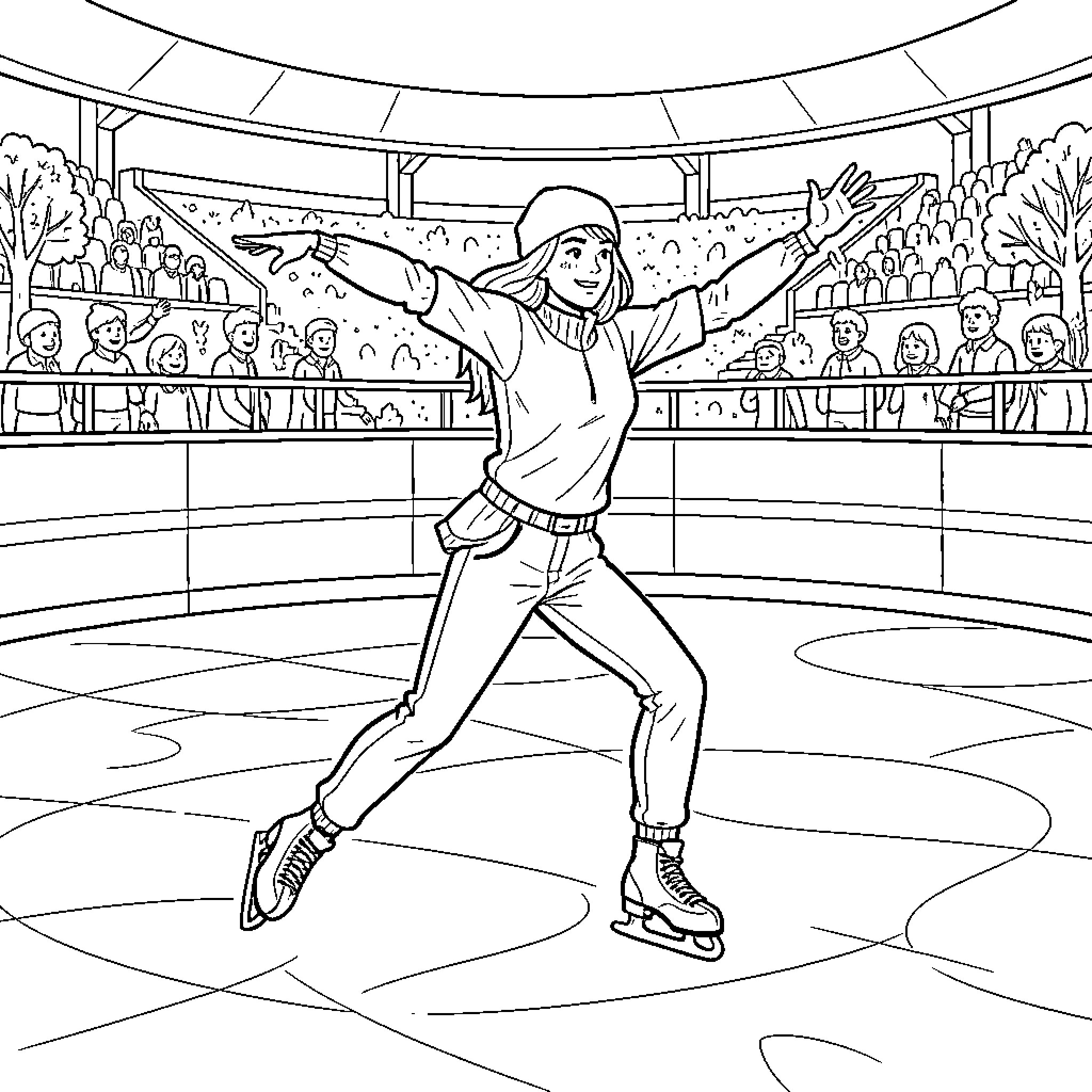 Huntrix ice skating gracefully in a crowded arena Coloring Page (free black-and-white line drawing printable PDF for all, from beginners to advanced learners, including children, teens, adults, and seniors)