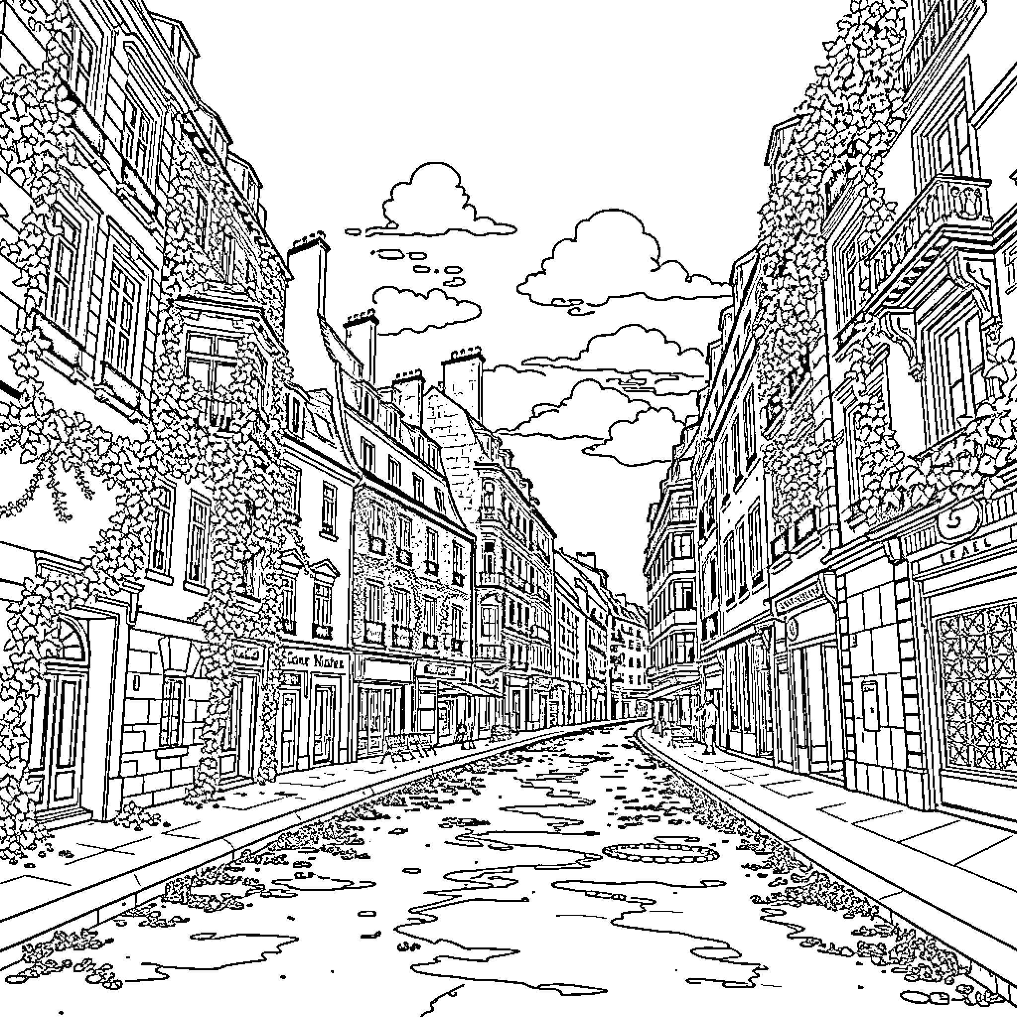 City street with bustling shops and pedestrians Coloring Page (free black-and-white line drawing printable PDF for all, from beginners to advanced learners, including children, teens, adults, and seniors)