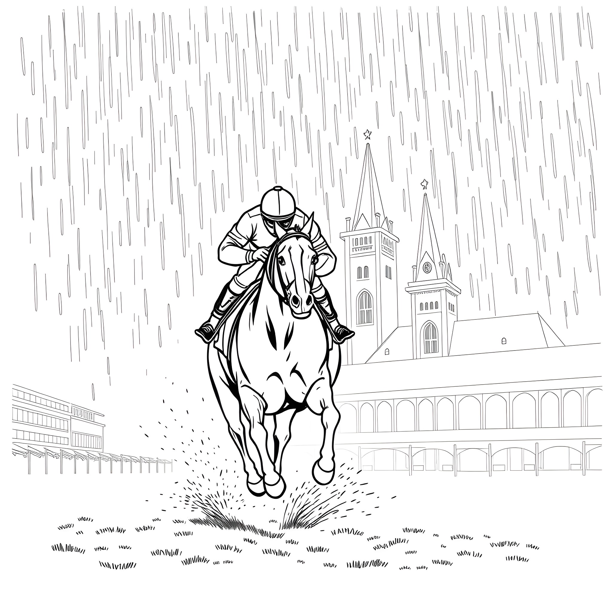 Racehorse galloping through the rain Coloring Page (free black-and-white line drawing printable PDF for all, from beginners to advanced learners, including children, teens, adults, and seniors)
