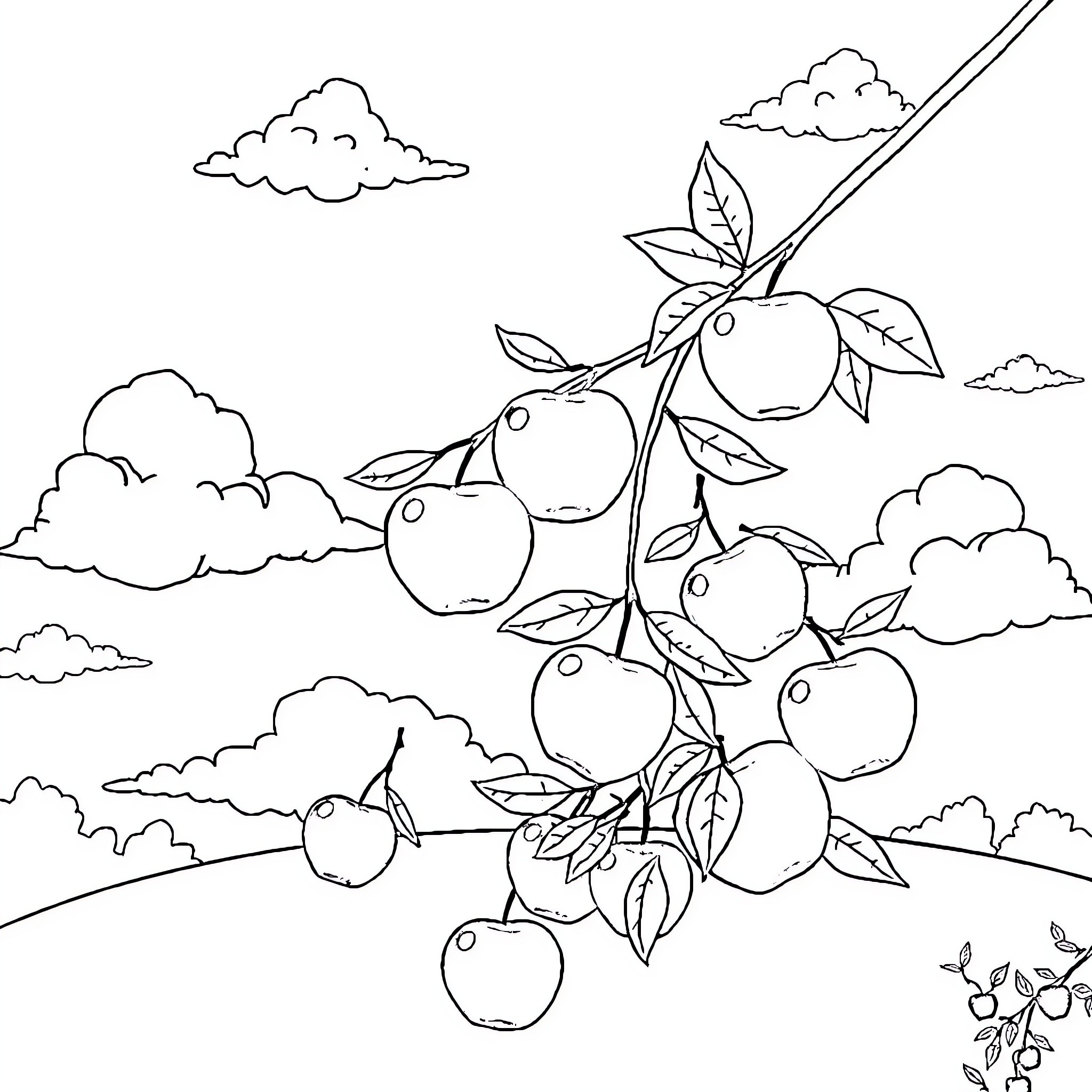 Apple tree with ripe fruits in the countryside Coloring Page (free black-and-white line drawing printable PDF for all, from beginners to advanced learners, including children, teens, adults, and seniors)