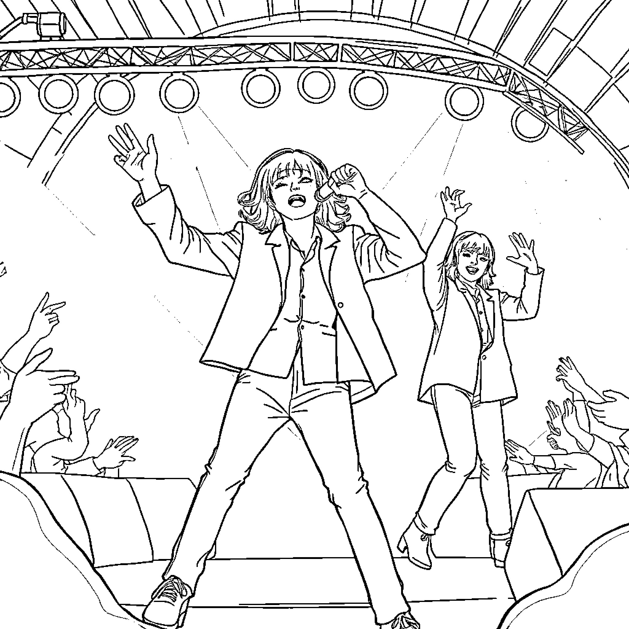 K Pop Performers Energetic on Stage Coloring Page (free black-and-white line drawing printable PDF for all, from beginners to advanced learners, including children, teens, adults, and seniors)