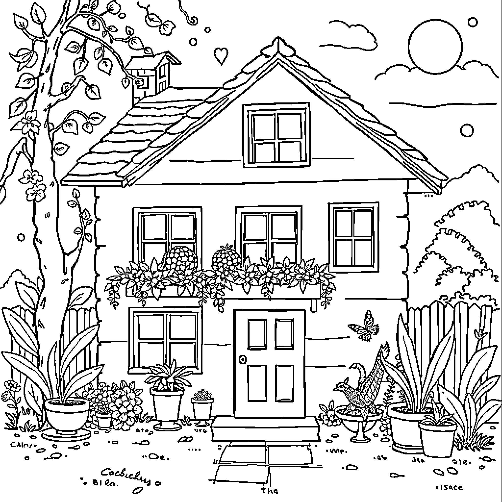 Miércoles en una casa de campo con plantas y flores Coloring Page (free black-and-white line drawing printable PDF for all, from beginners to advanced learners, including children, teens, adults, and seniors)