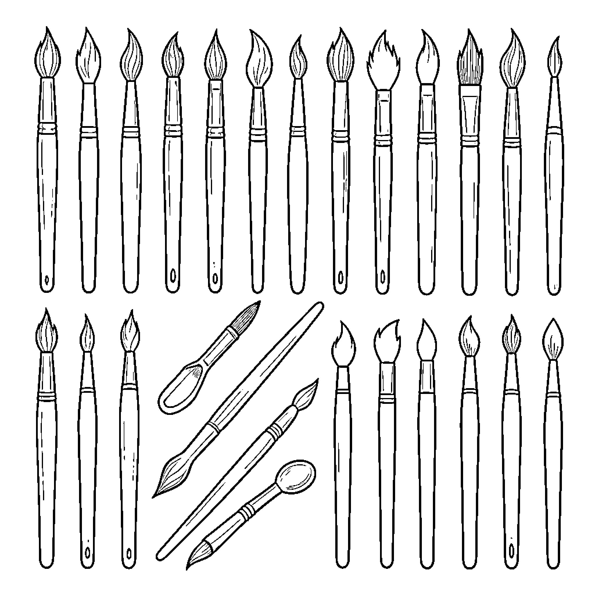 Moldes de diferentes ferramentas de pintura Coloring Page (free black-and-white line drawing printable PDF for all, from beginners to advanced learners, including children, teens, adults, and seniors)