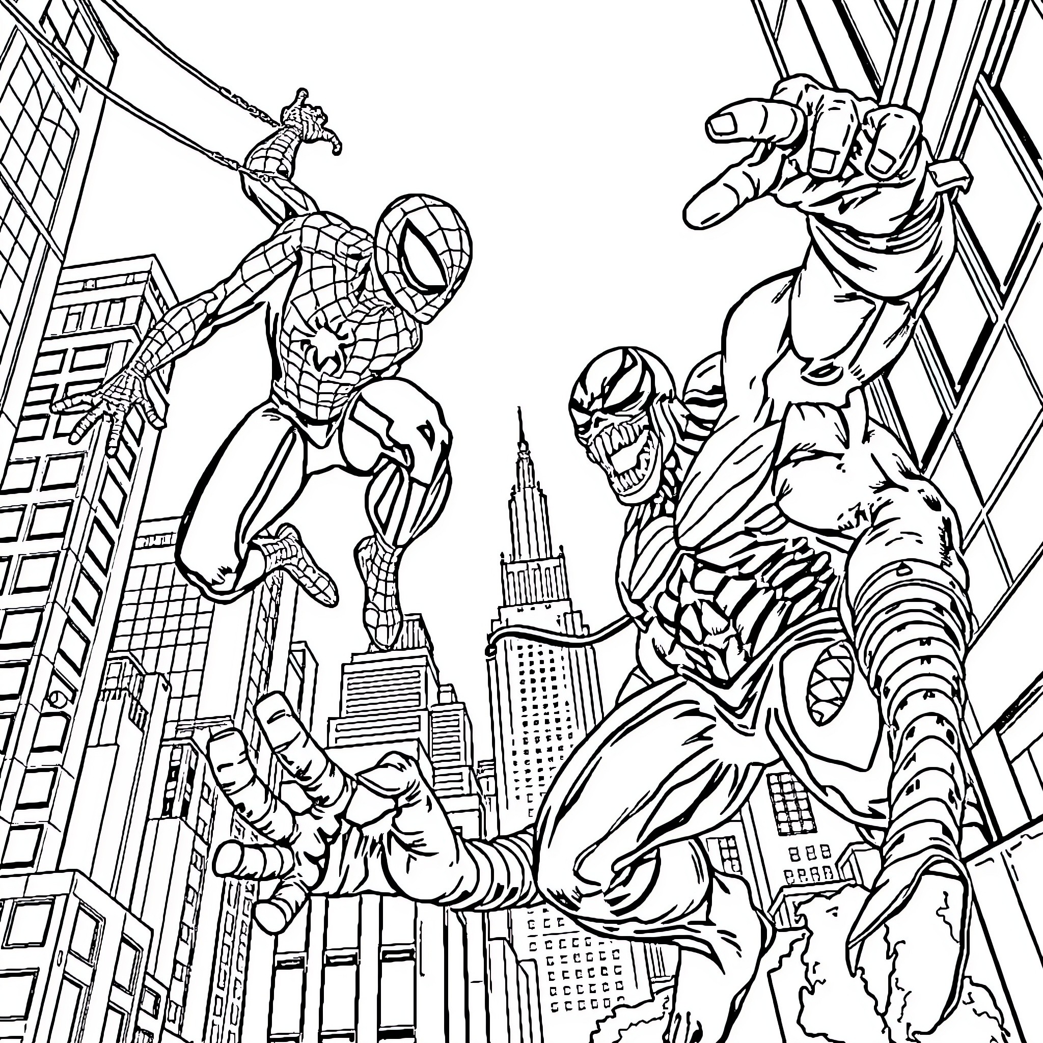 Spiderman Battling Villains in Epic City Showdown Coloring Page (free black-and-white line drawing printable PDF for all, from beginners to advanced learners, including children, teens, adults, and seniors)