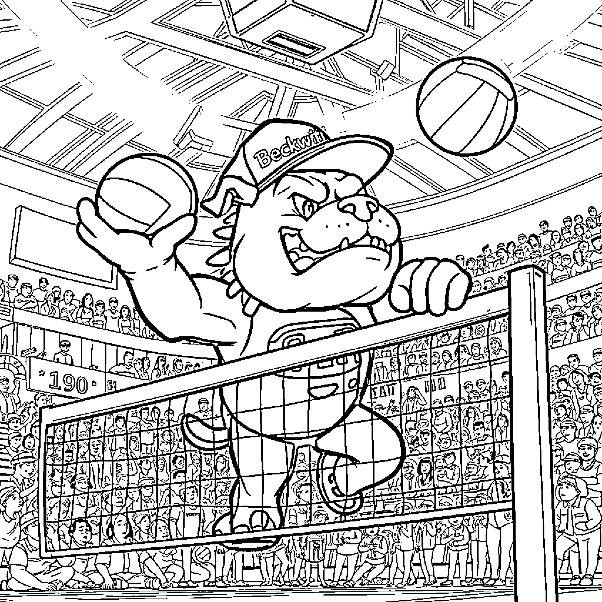 Bulldog Basketball Player Dunking in Stadium Coloring Page (free black-and-white line drawing printable PDF for all, from beginners to advanced learners, including children, teens, adults, and seniors)