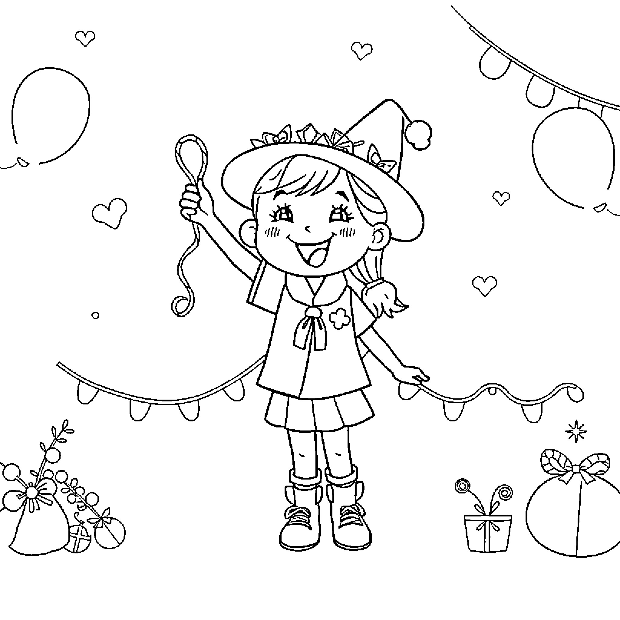 Girl Scout having a jolly time with decorations Coloring Page (free black-and-white line drawing printable PDF for all, from beginners to advanced learners, including children, teens, adults, and seniors)