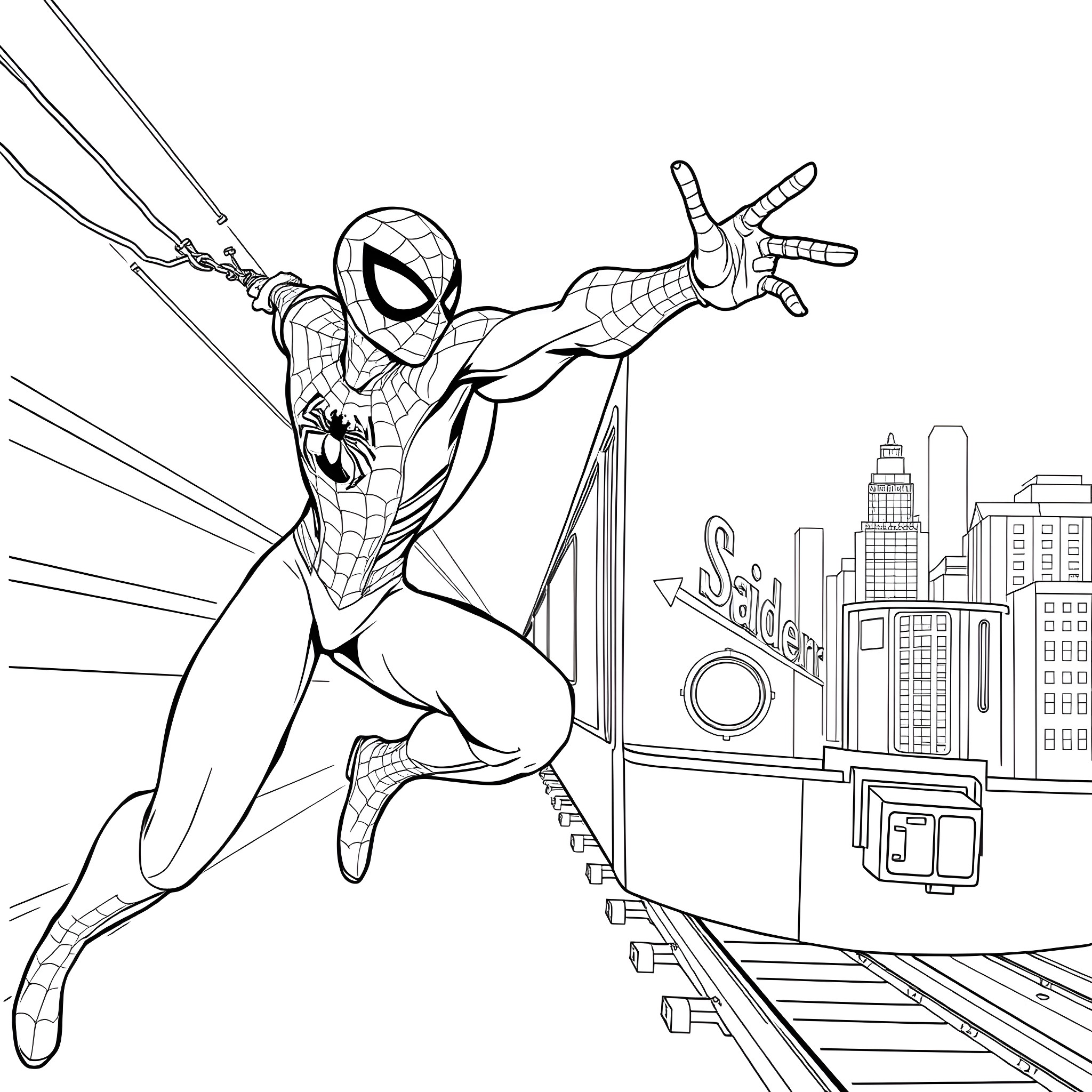 Spiderman swinging heroically through the city Coloring Page (free black-and-white line drawing printable PDF for all, from beginners to advanced learners, including children, teens, adults, and seniors)
