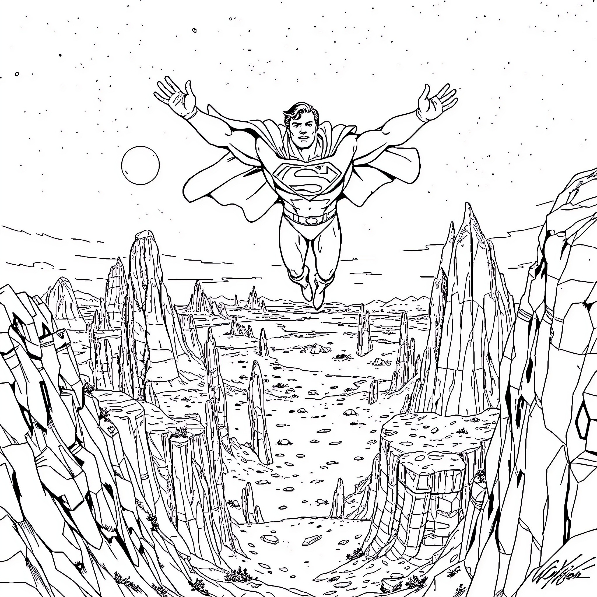 Superman soaring over an alien landscape Coloring Page (free black-and-white line drawing printable PDF for all, from beginners to advanced learners, including children, teens, adults, and seniors)