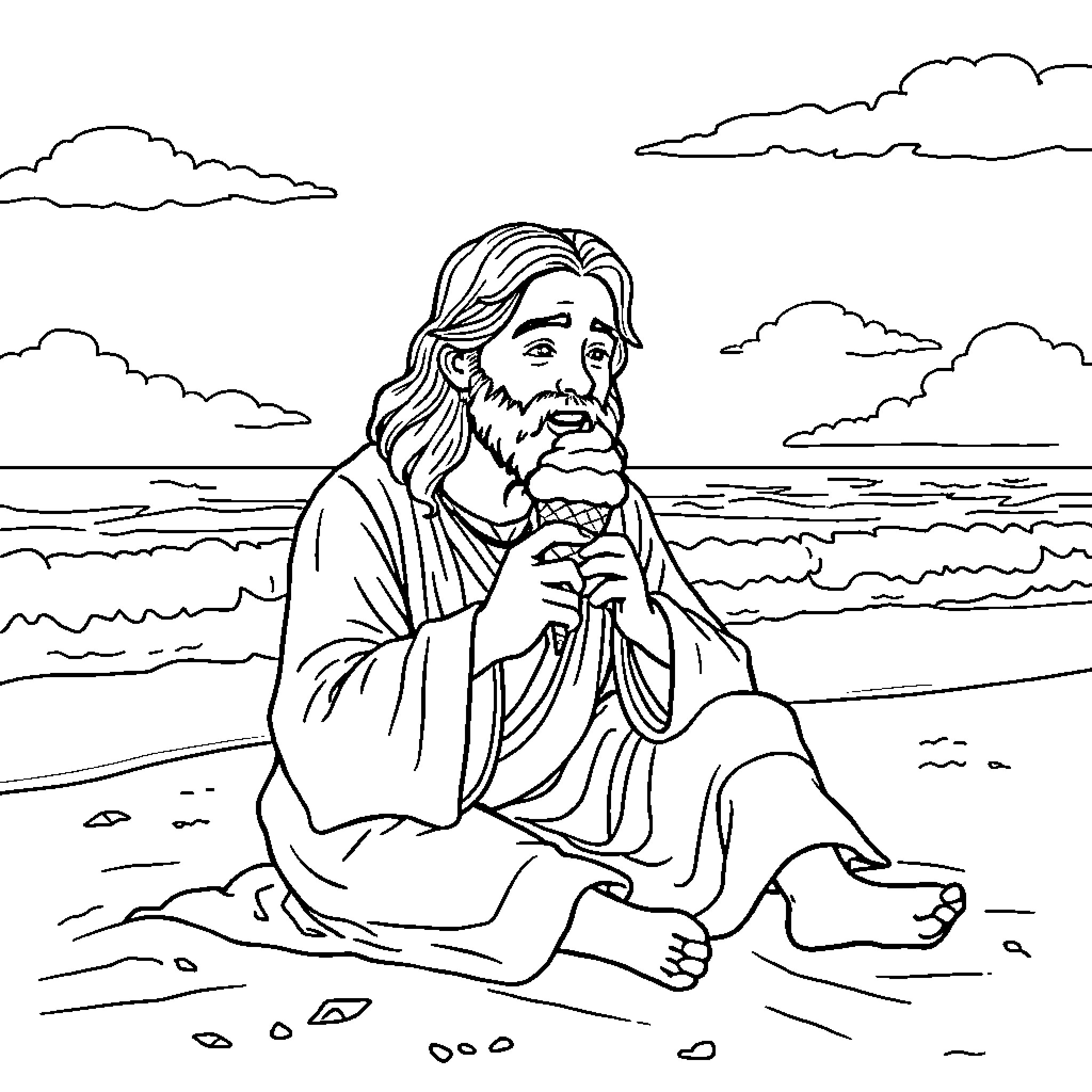 Jesus contemplating on the shore Coloring Page (free black-and-white line drawing printable PDF for all, from beginners to advanced learners, including children, teens, adults, and seniors)