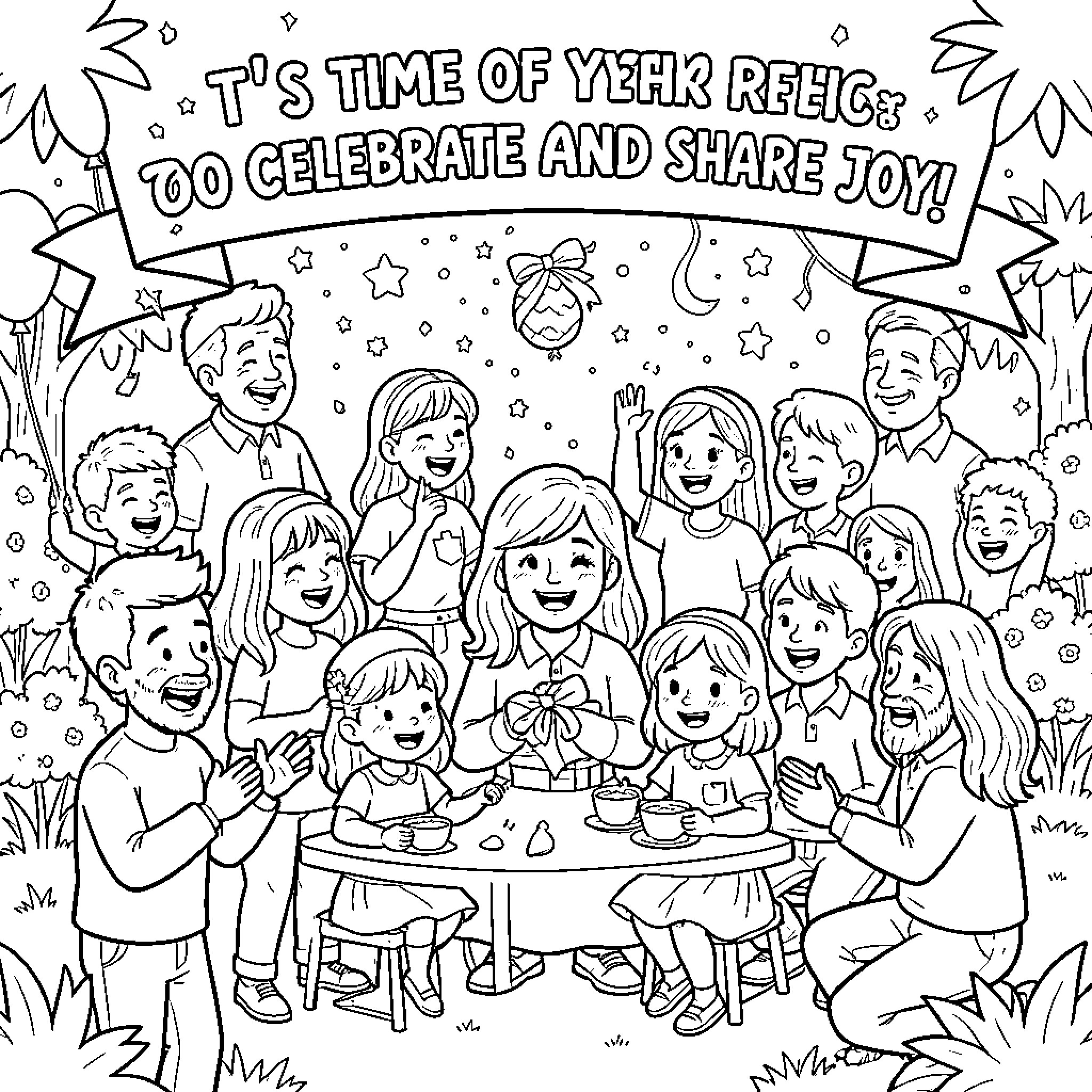 Time for people to celebrate and share joy together Coloring Page (free black-and-white line drawing printable PDF for all, from beginners to advanced learners, including children, teens, adults, and seniors)