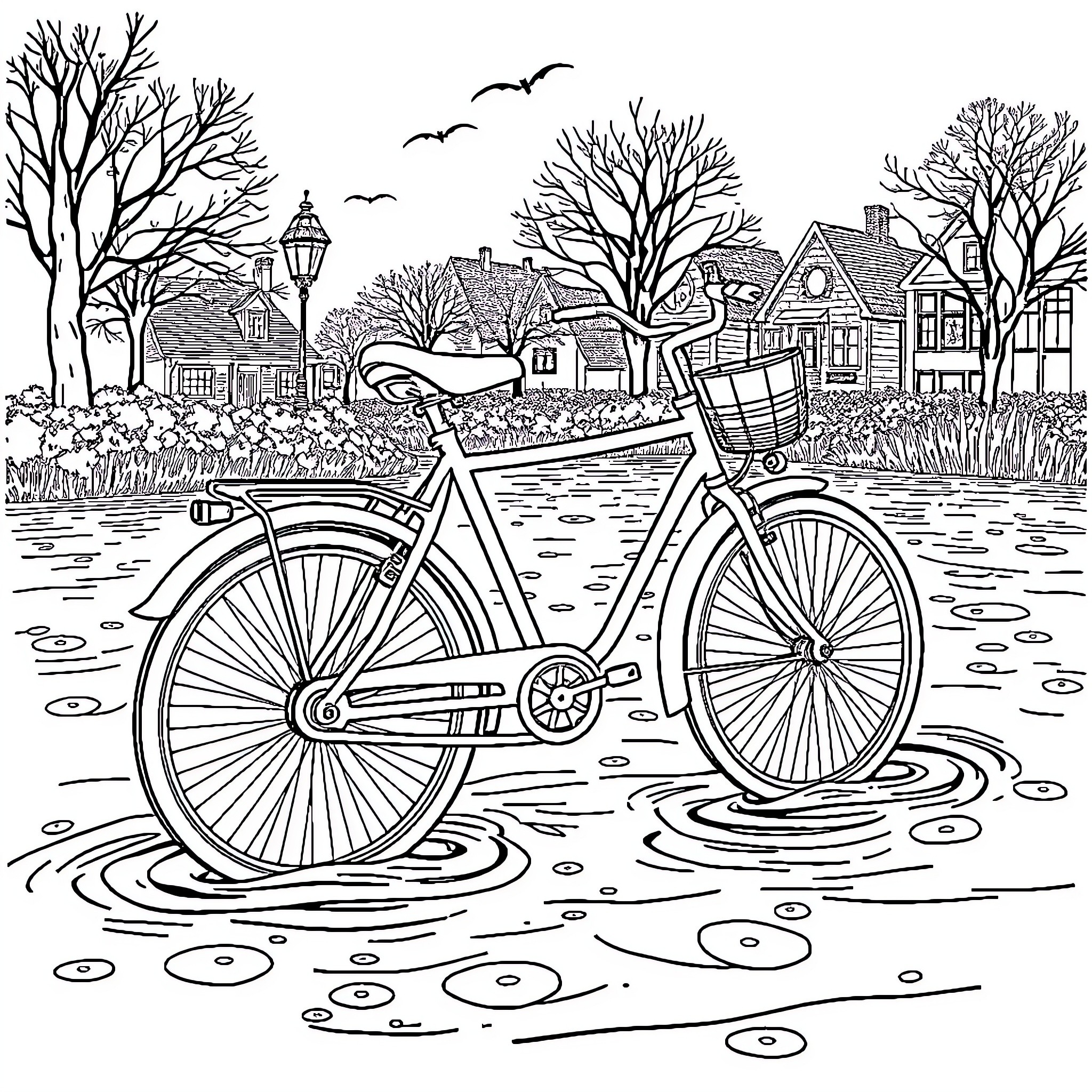 Bicycle in a quaint village landscape Coloring Page (free black-and-white line drawing printable PDF for all, from beginners to advanced learners, including children, teens, adults, and seniors)