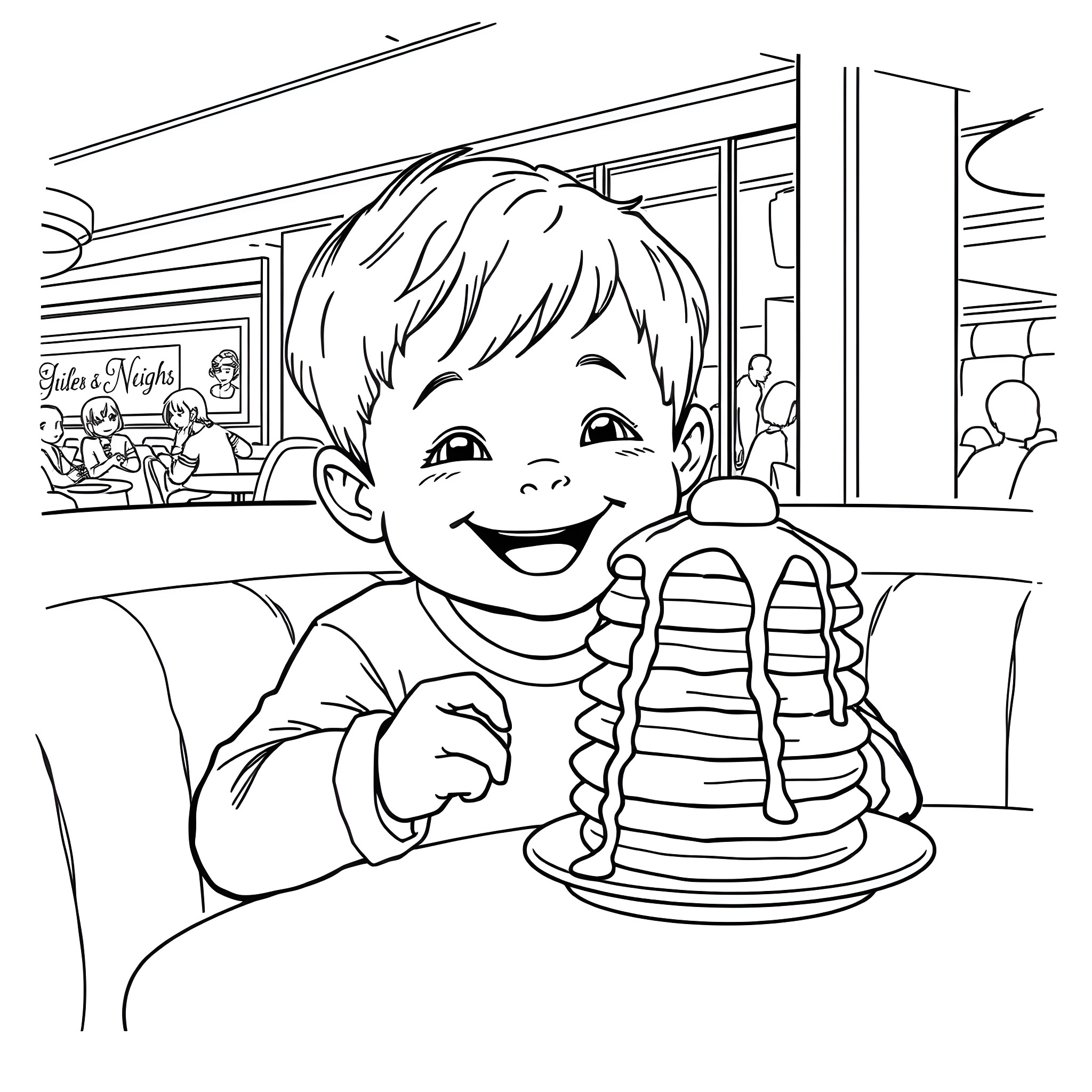 Kid enjoying a stack of pancakes at the diner Coloring Page (free black-and-white line drawing printable PDF for all, from beginners to advanced learners, including children, teens, adults, and seniors)