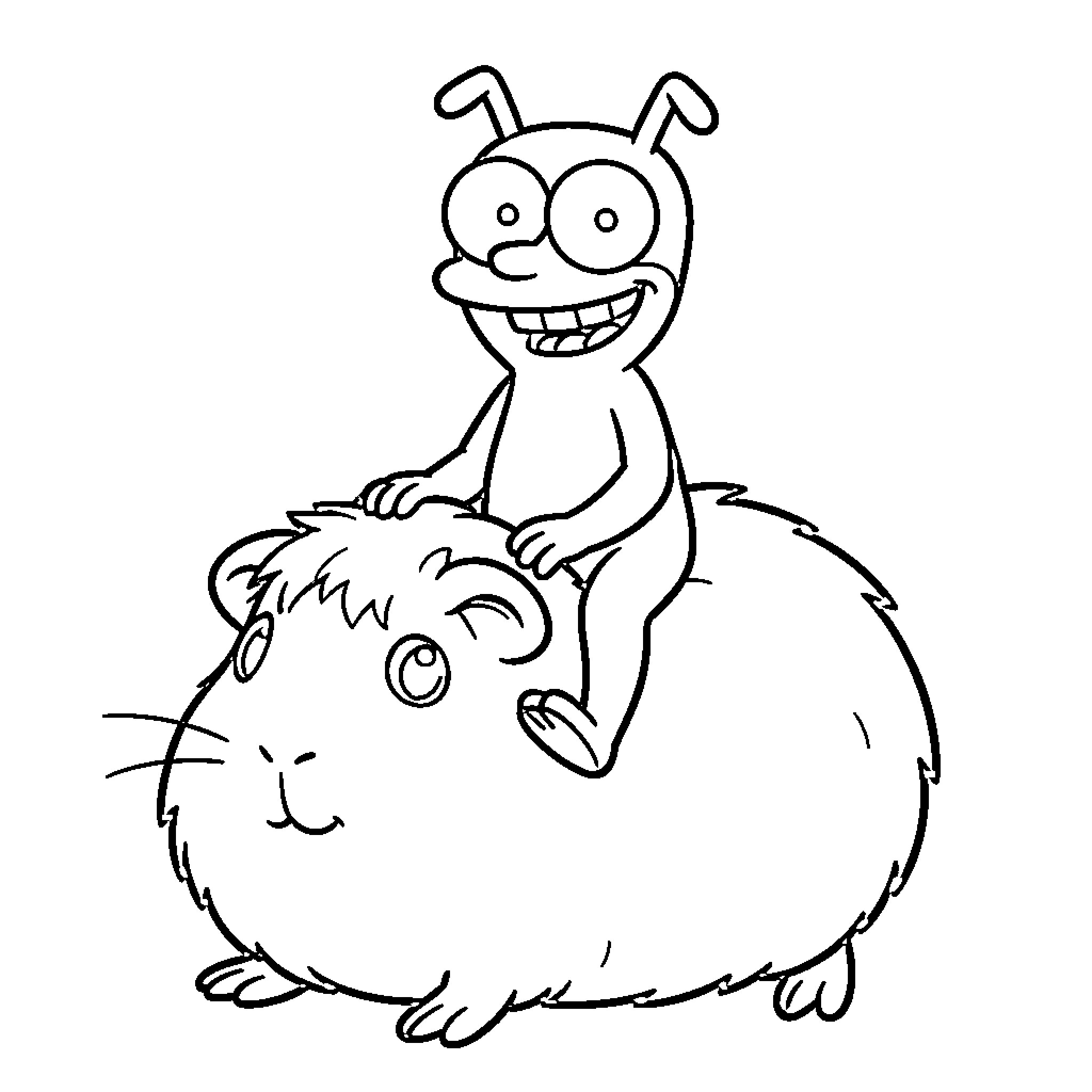 Nibbler riding a large happy guinea pig Coloring Page (free black-and-white line drawing printable PDF for all, from beginners to advanced learners, including children, teens, adults, and seniors)