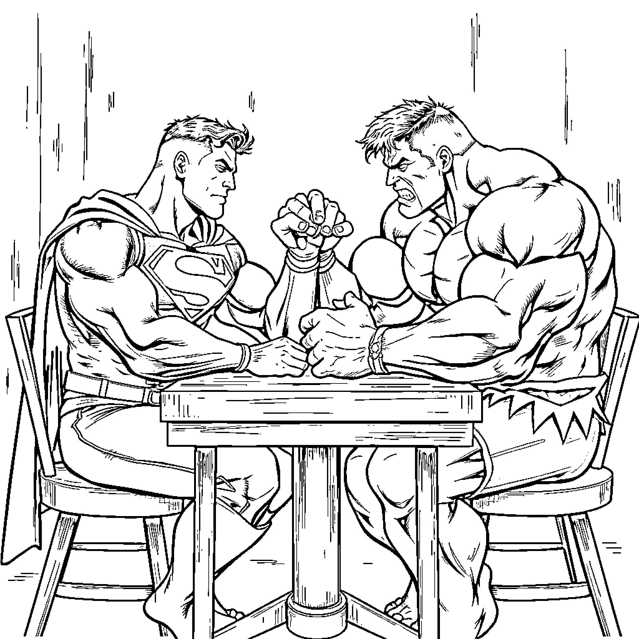 Superman arm wrestling with a muscular opponent Coloring Page (free black-and-white line drawing printable PDF for all, from beginners to advanced learners, including children, teens, adults, and seniors)